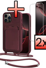 NoXx NoXx iPhone 16 Pro Hoesje Pashouder met Koord Met 2x Screenprotector - Aubergine