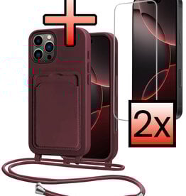 NoXx NoXx iPhone 16 Pro Hoesje Pashouder met Koord Met 2x Screenprotector - Aubergine