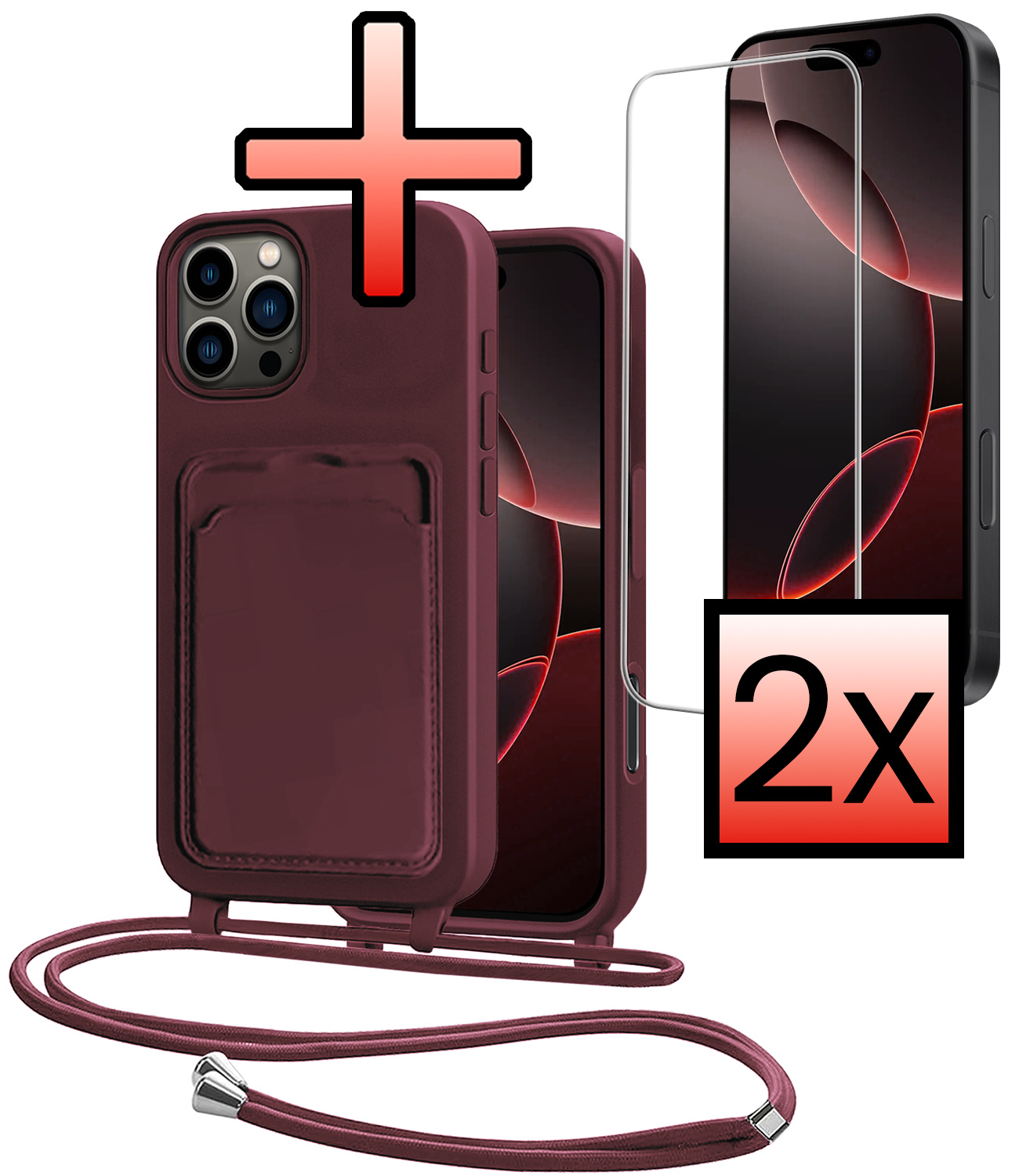 NoXx NoXx iPhone 16 Pro Hoesje Pashouder met Koord Met 2x Screenprotector - Aubergine