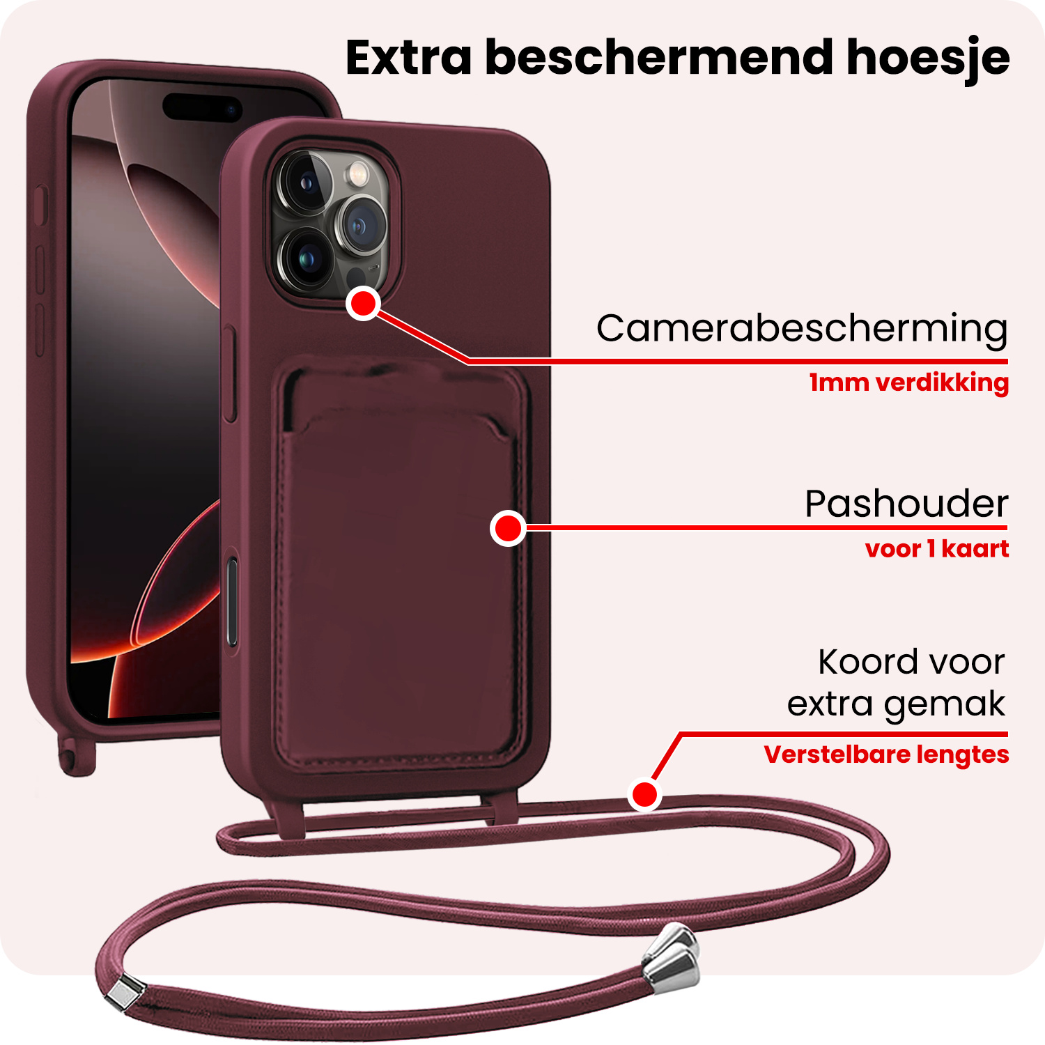 NoXx NoXx iPhone 16 Pro Hoesje Pashouder met Koord Met 2x Screenprotector - Aubergine