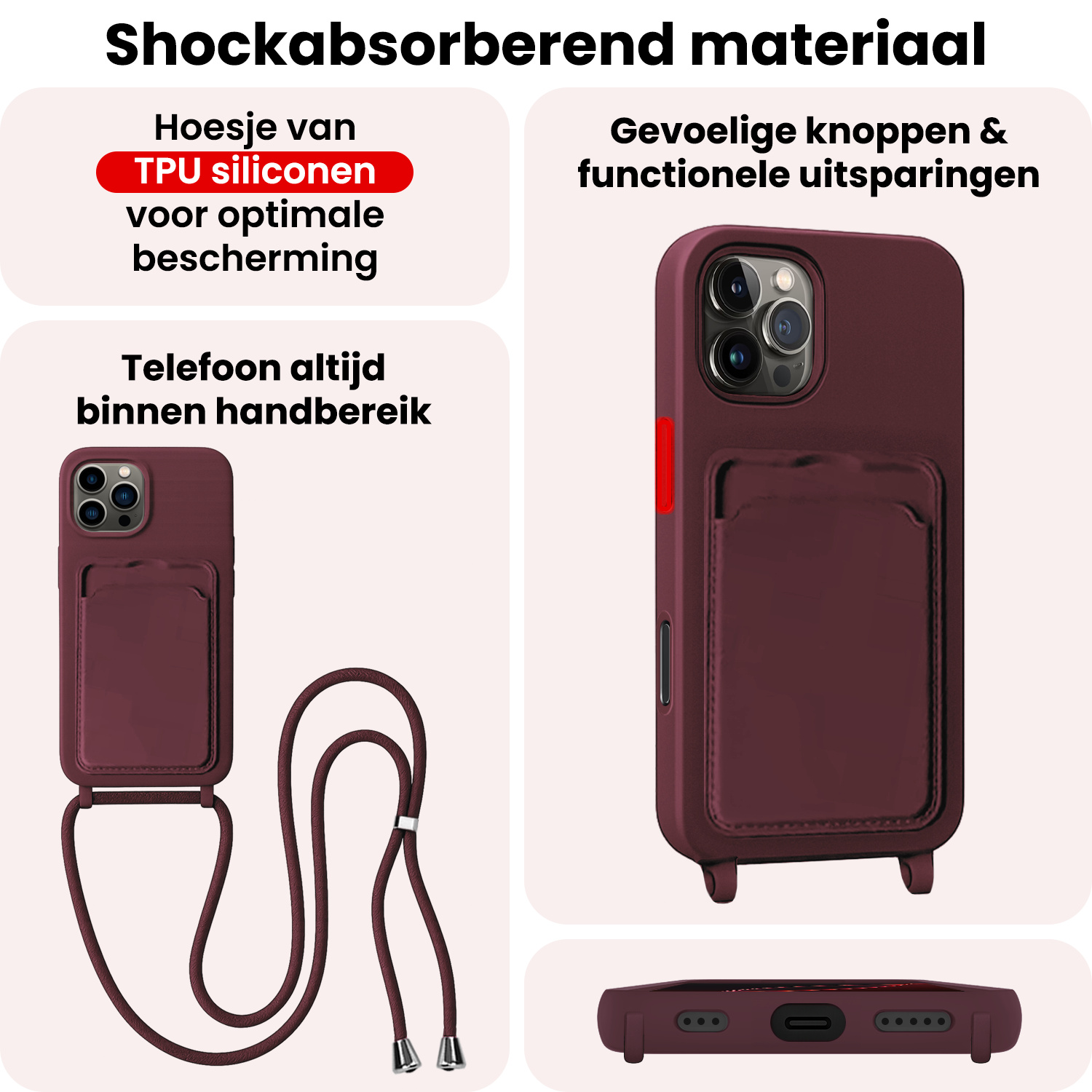 NoXx NoXx iPhone 16 Pro Hoesje Pashouder met Koord Met 2x Screenprotector - Aubergine