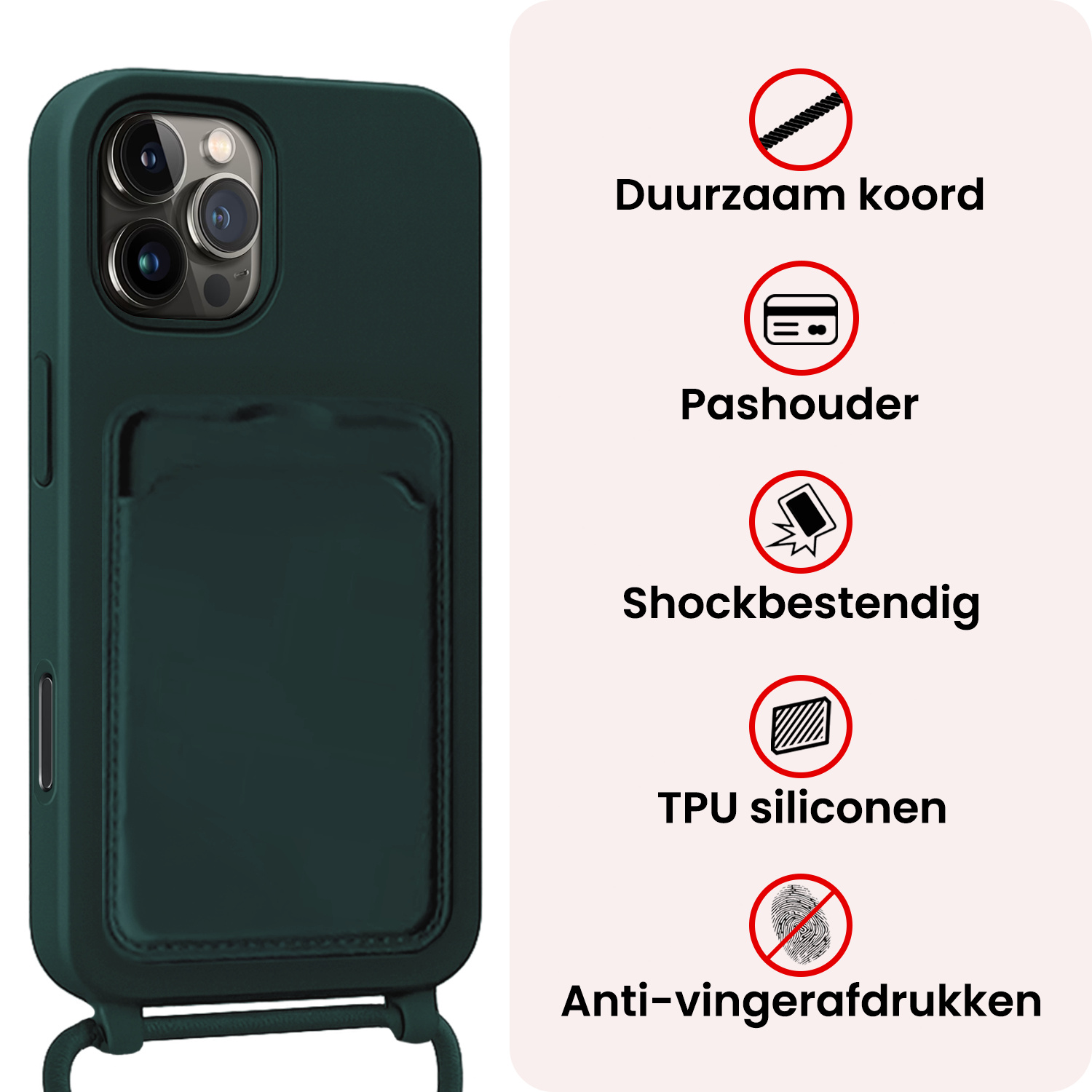NoXx NoXx iPhone 16 Pro Hoesje Pashouder met Koord - Donkergroen