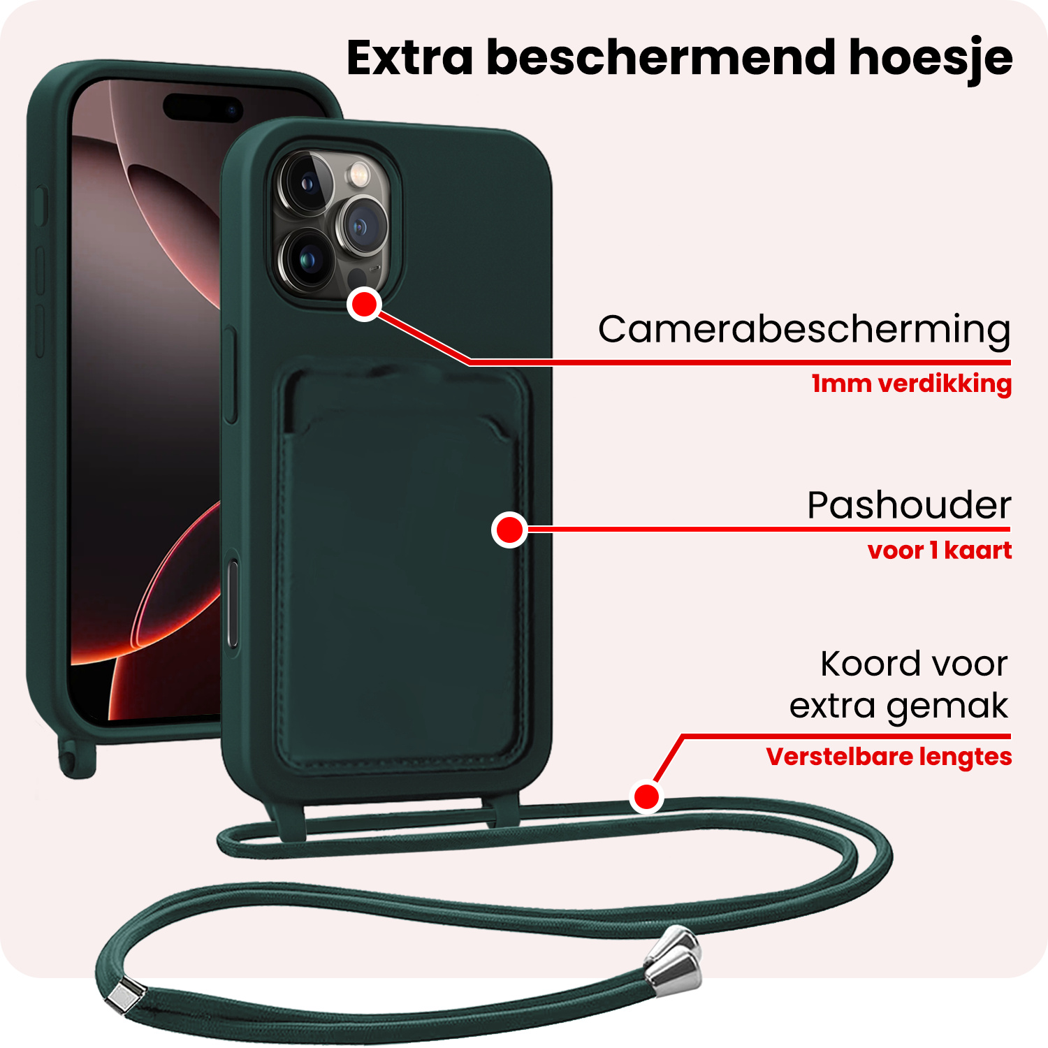 NoXx NoXx iPhone 16 Pro Hoesje Pashouder met Koord - Donkergroen - 2 PACK