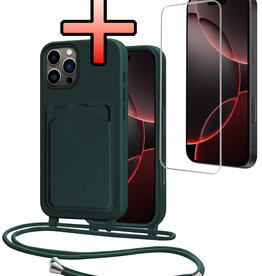 NoXx NoXx iPhone 16 Pro Hoesje Pashouder met Koord Met Screenprotector - Donkergroen