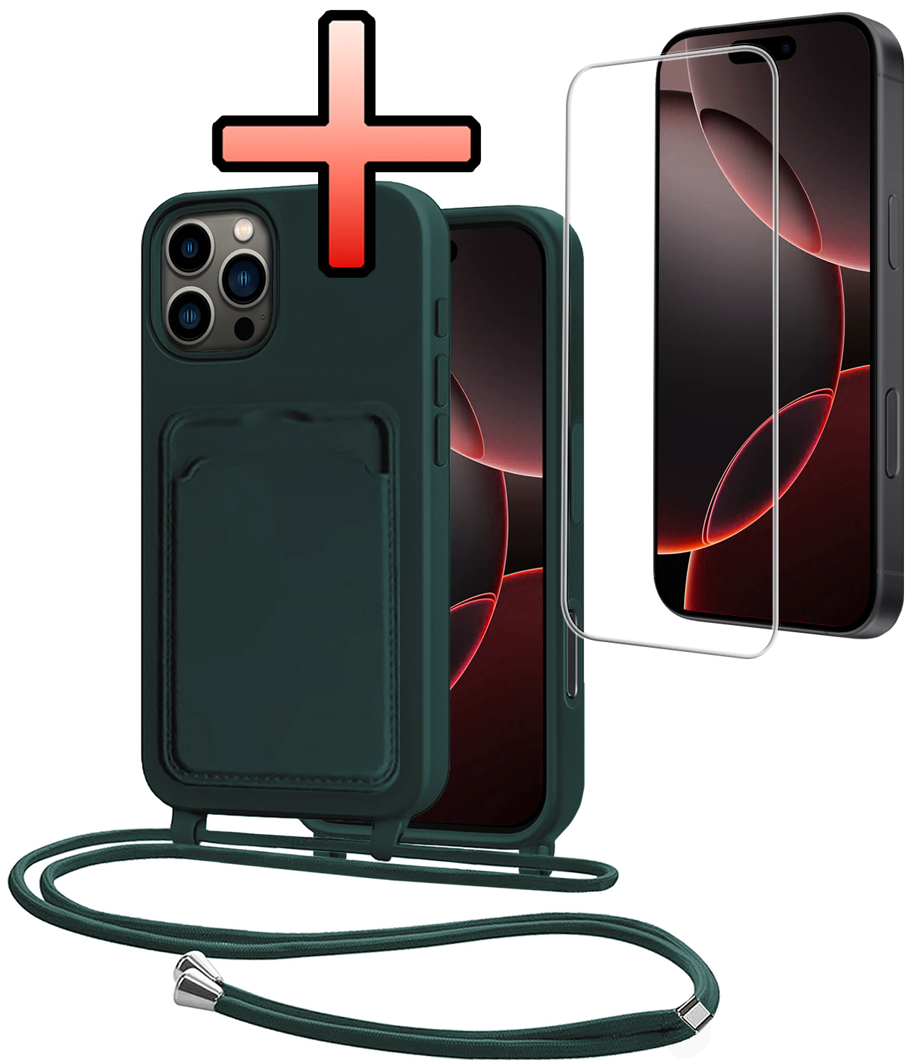 NoXx NoXx iPhone 16 Pro Hoesje Pashouder met Koord Met Screenprotector - Donkergroen