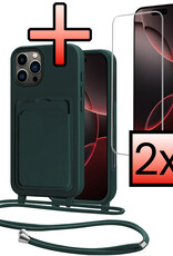 NoXx NoXx iPhone 16 Pro Hoesje Pashouder met Koord Met 2x Screenprotector - Donkergroen