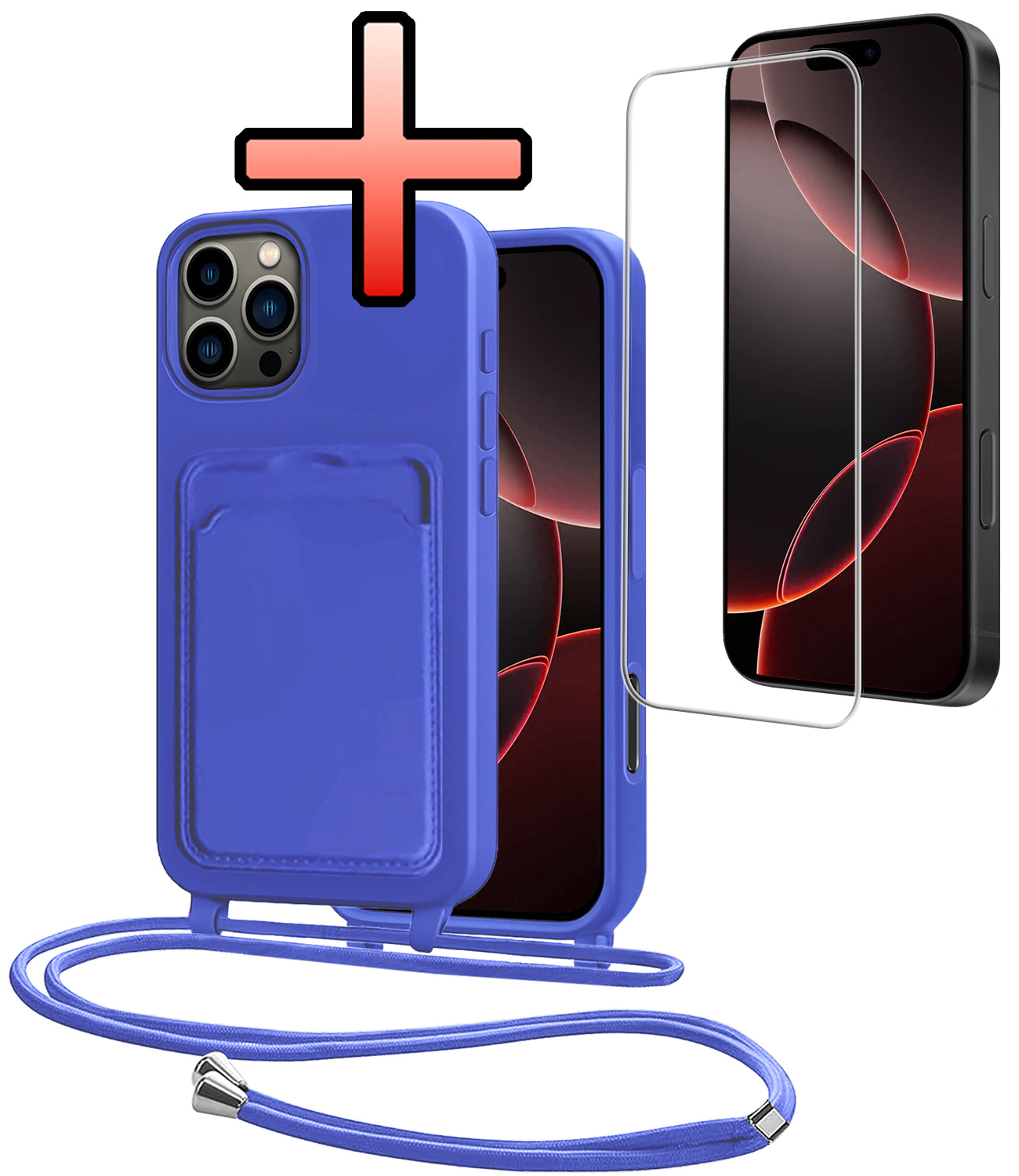 NoXx NoXx iPhone 16 Pro Hoesje Pashouder met Koord Met Screenprotector - Fel Blauw