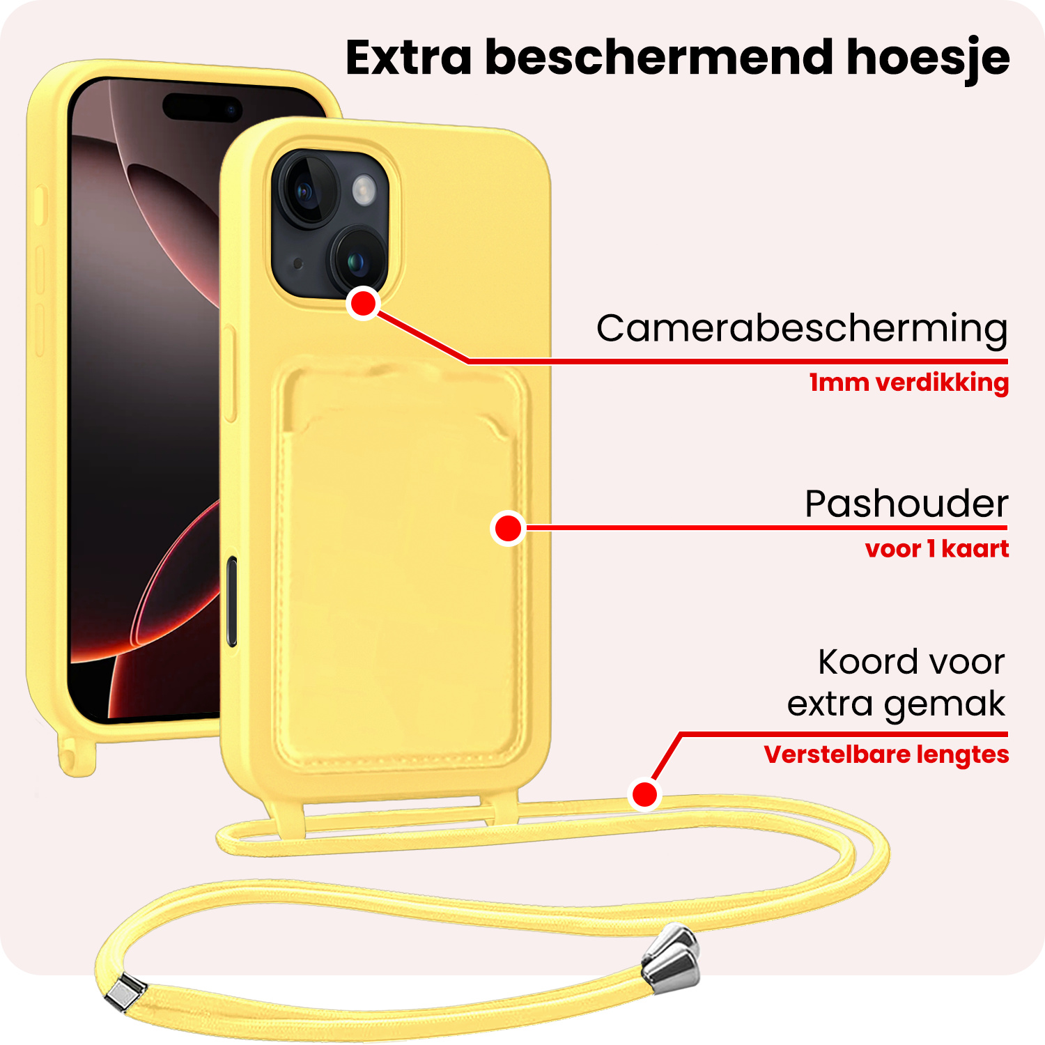 NoXx NoXx iPhone 16 Pro Hoesje Pashouder met Koord - Geel