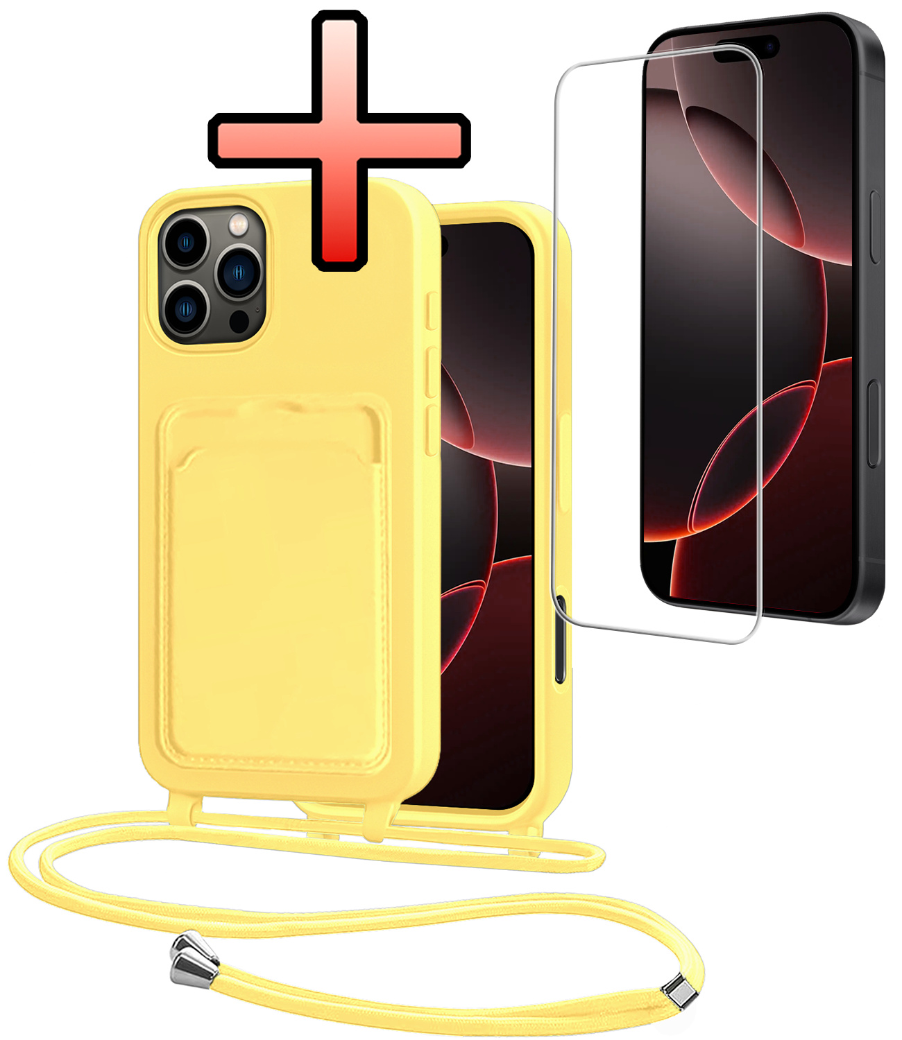 NoXx NoXx iPhone 16 Pro Hoesje Pashouder met Koord Met Screenprotector - Geel