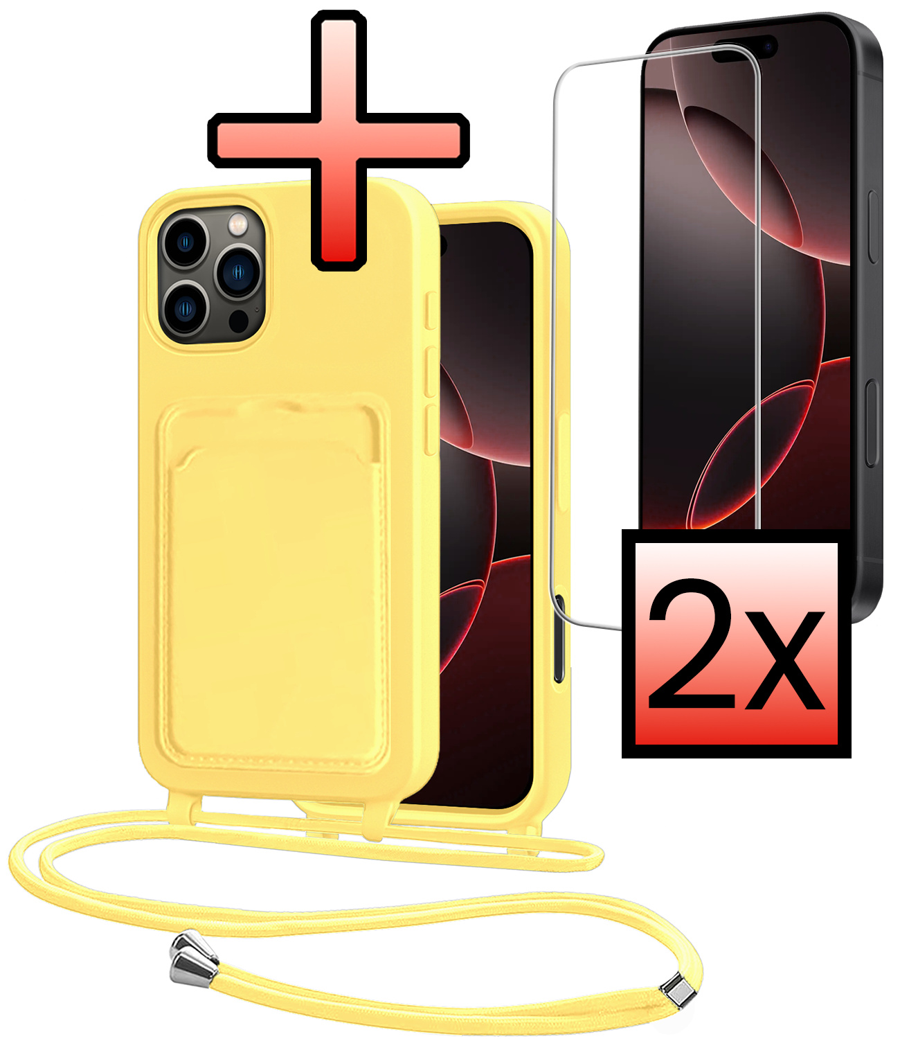 NoXx NoXx iPhone 16 Pro Hoesje Pashouder met Koord Met 2x Screenprotector - Geel