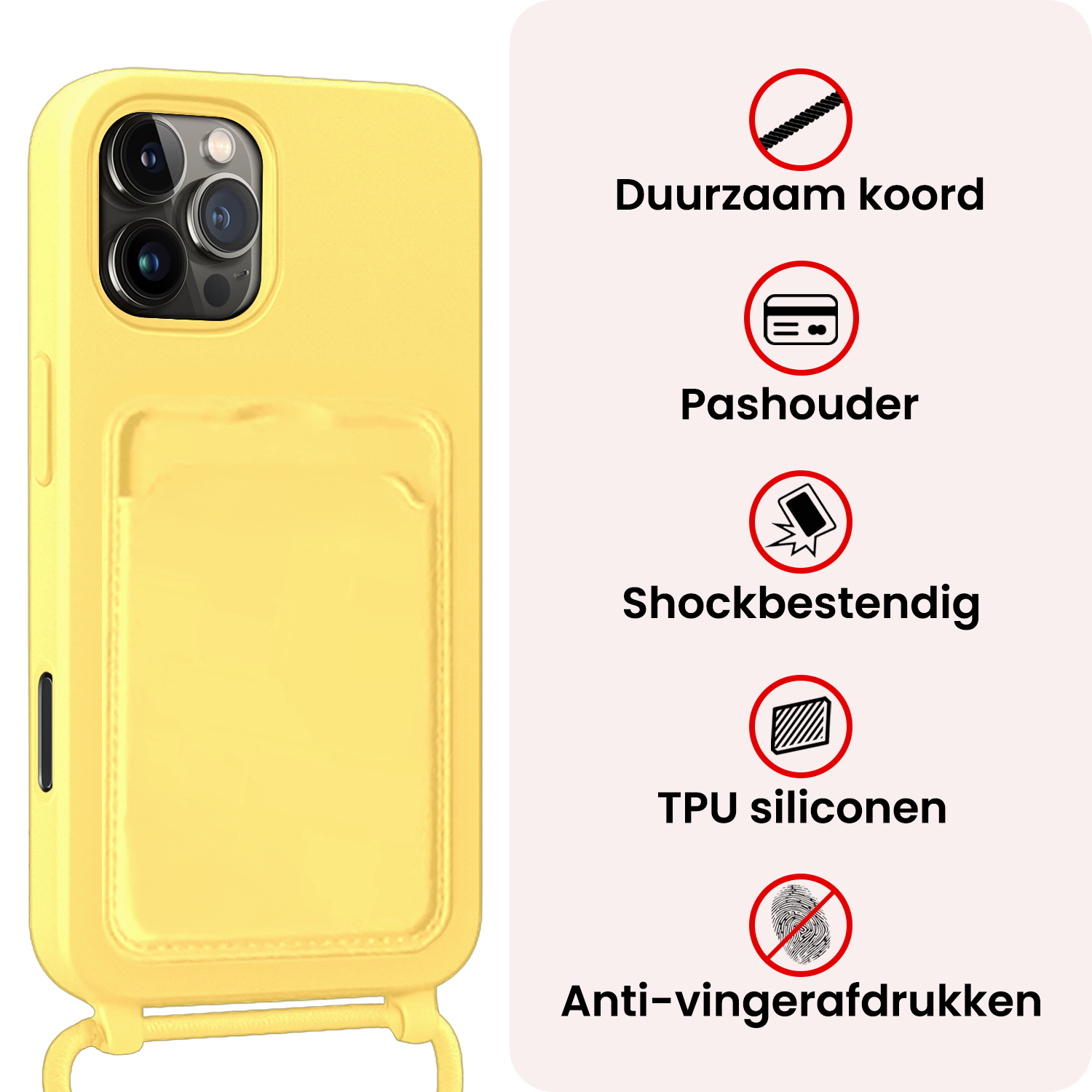 NoXx NoXx iPhone 16 Pro Hoesje Pashouder met Koord Met 2x Screenprotector - Geel