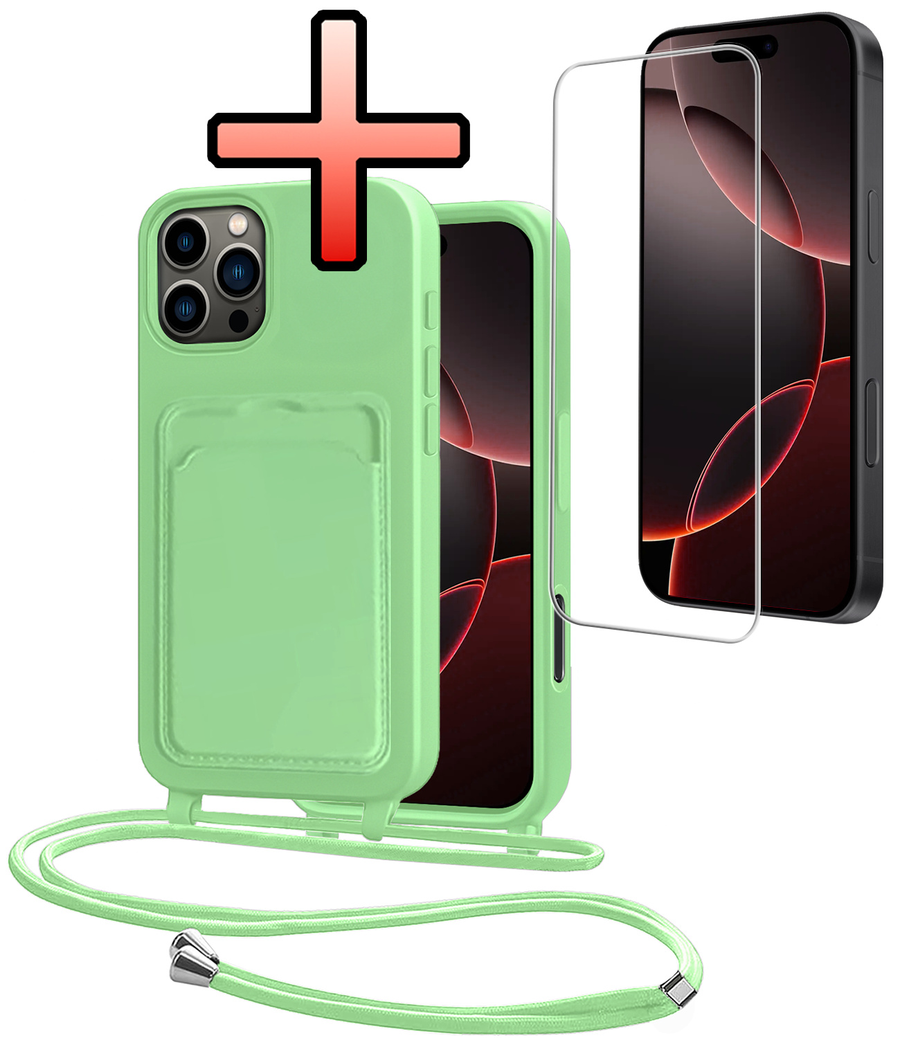 NoXx NoXx iPhone 16 Pro Hoesje Pashouder met Koord Met Screenprotector - Groen