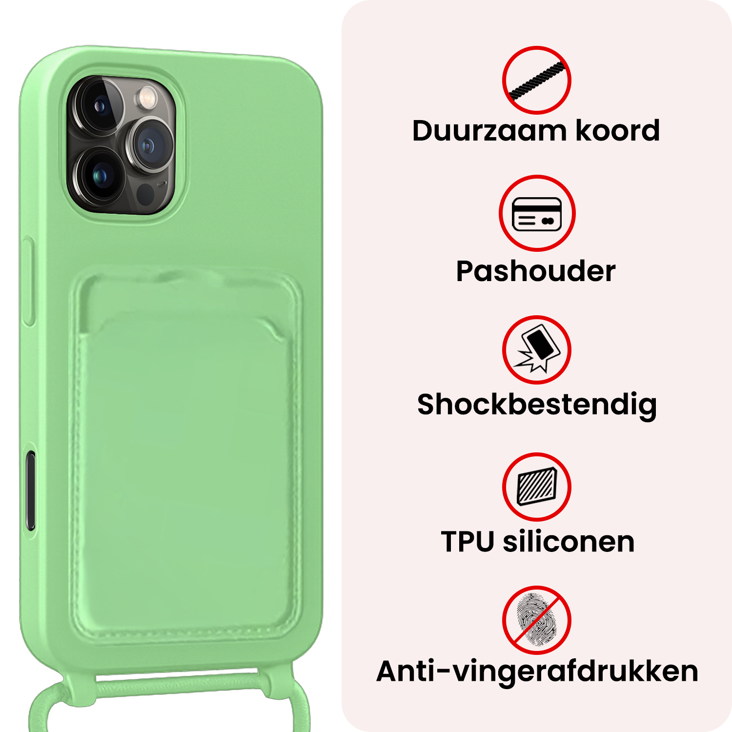 NoXx NoXx iPhone 16 Pro Hoesje Pashouder met Koord Met Screenprotector - Groen