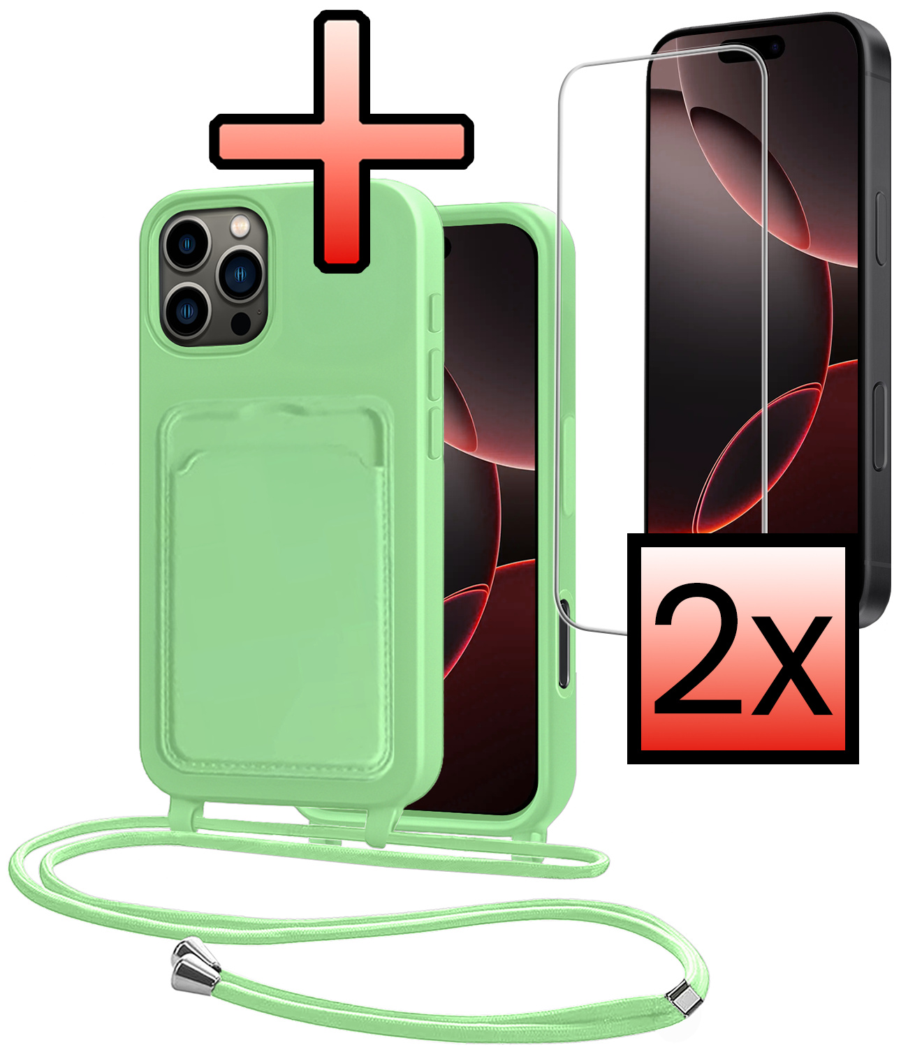 NoXx NoXx iPhone 16 Pro Hoesje Pashouder met Koord Met 2x Screenprotector - Groen