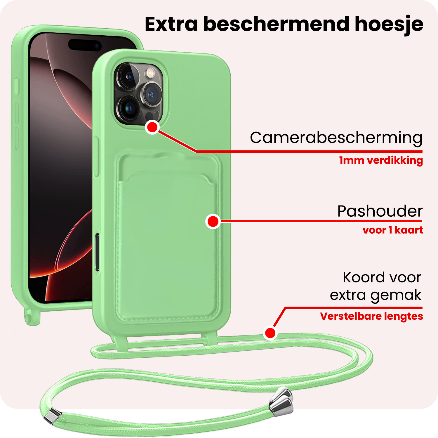 NoXx NoXx iPhone 16 Pro Hoesje Pashouder met Koord Met 2x Screenprotector - Groen