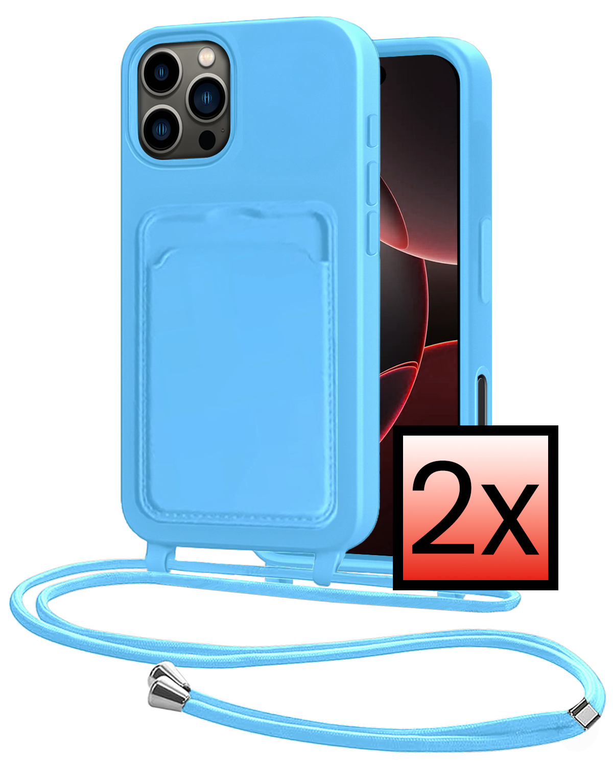 NoXx NoXx iPhone 16 Pro Hoesje Pashouder met Koord - Lichtblauw - 2 PACK