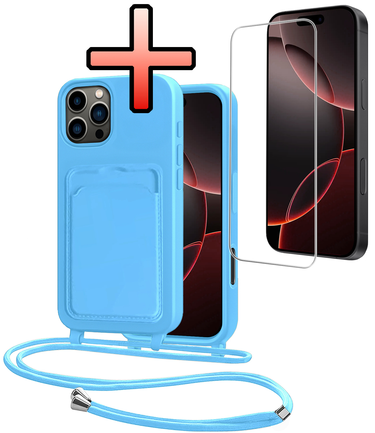 NoXx NoXx iPhone 16 Pro Hoesje Pashouder met Koord Met Screenprotector - Lichtblauw