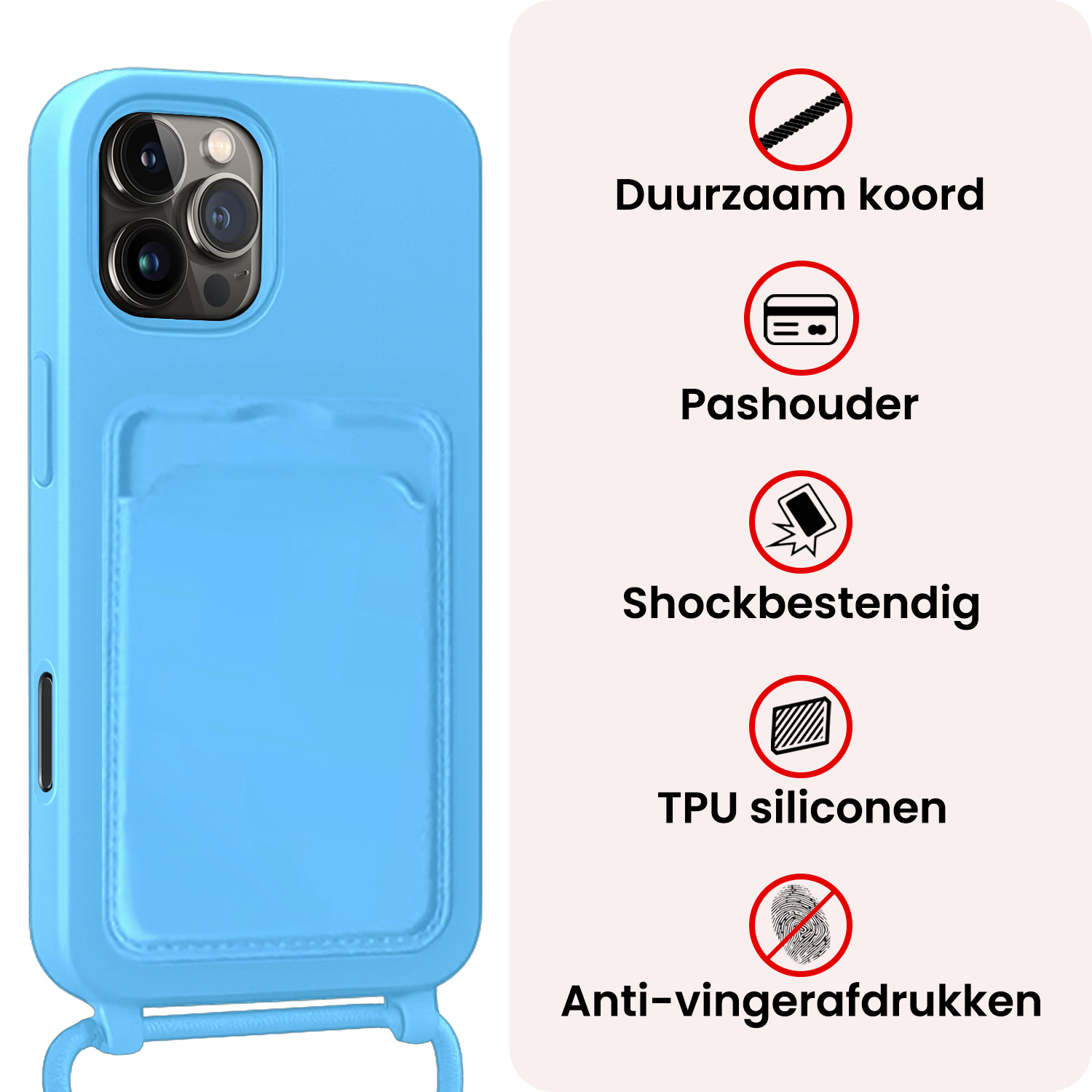 NoXx NoXx iPhone 16 Pro Hoesje Pashouder met Koord Met 2x Screenprotector - Lichtblauw