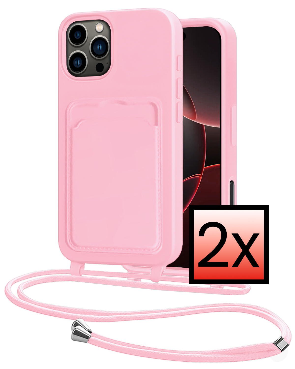 NoXx NoXx iPhone 16 Pro Hoesje Pashouder met Koord - Lichtroze - 2 PACK