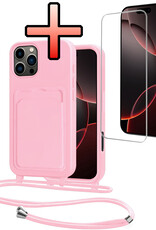 NoXx NoXx iPhone 16 Pro Hoesje Pashouder met Koord Met Screenprotector - Lichtroze