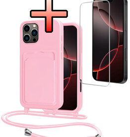 NoXx NoXx iPhone 16 Pro Hoesje Pashouder met Koord Met Screenprotector - Lichtroze