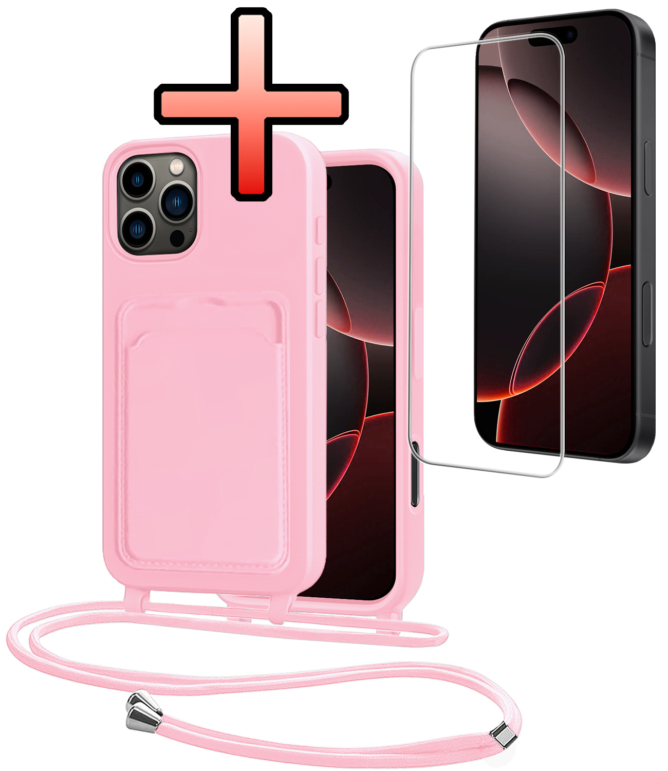 NoXx NoXx iPhone 16 Pro Hoesje Pashouder met Koord Met Screenprotector - Lichtroze