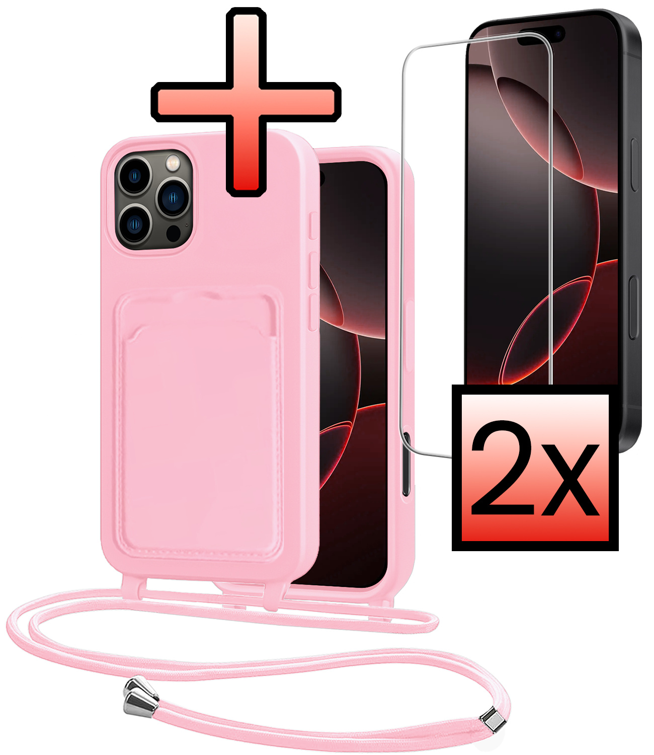 NoXx NoXx iPhone 16 Pro Hoesje Pashouder met Koord Met 2x Screenprotector - Lichtroze