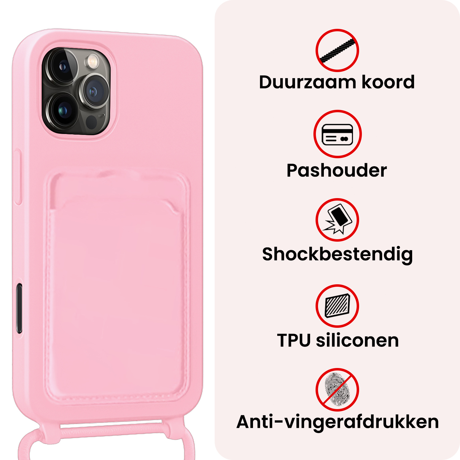 NoXx NoXx iPhone 16 Pro Hoesje Pashouder met Koord Met 2x Screenprotector - Lichtroze