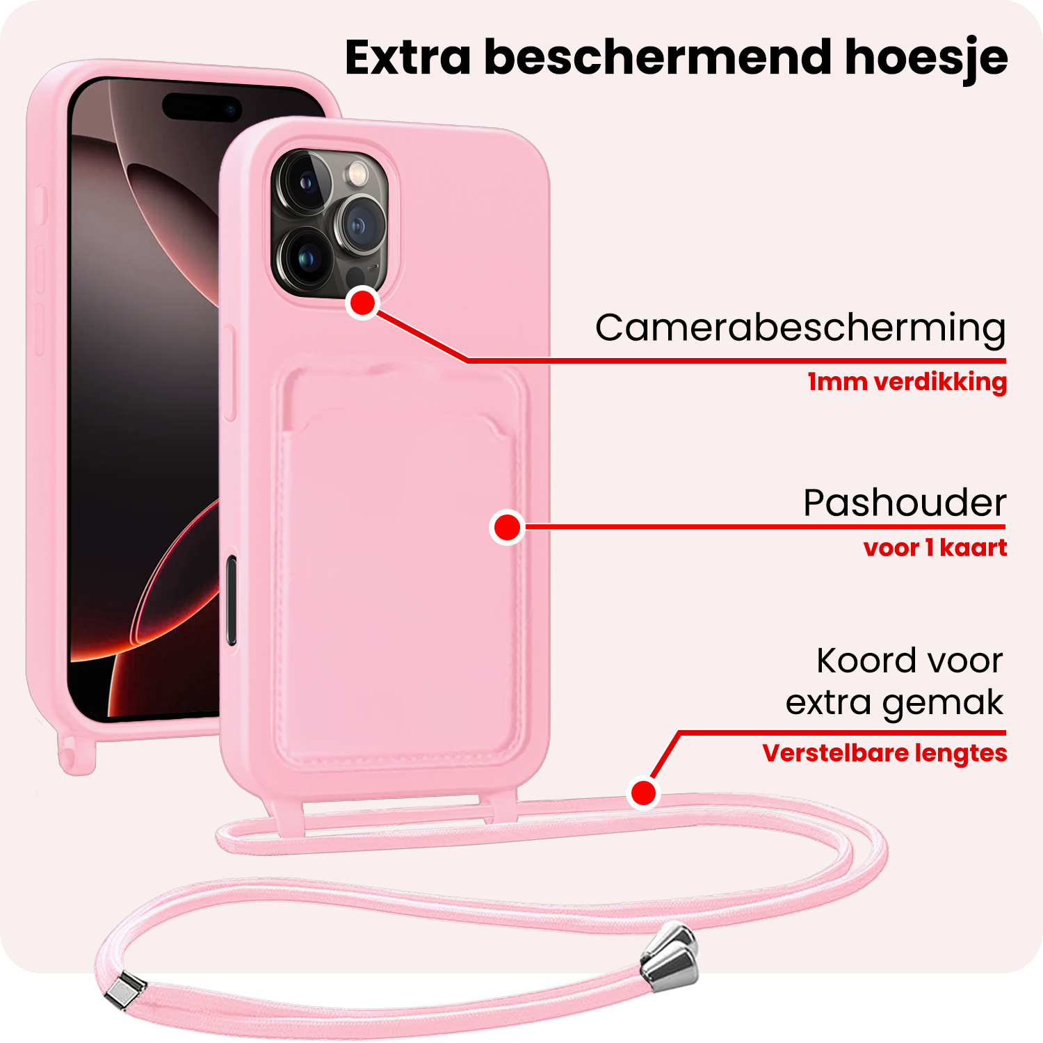 NoXx NoXx iPhone 16 Pro Hoesje Pashouder met Koord Met 2x Screenprotector - Lichtroze
