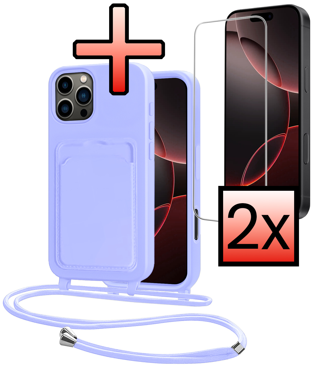 NoXx NoXx iPhone 16 Pro Hoesje Pashouder met Koord Met 2x Screenprotector - Lila