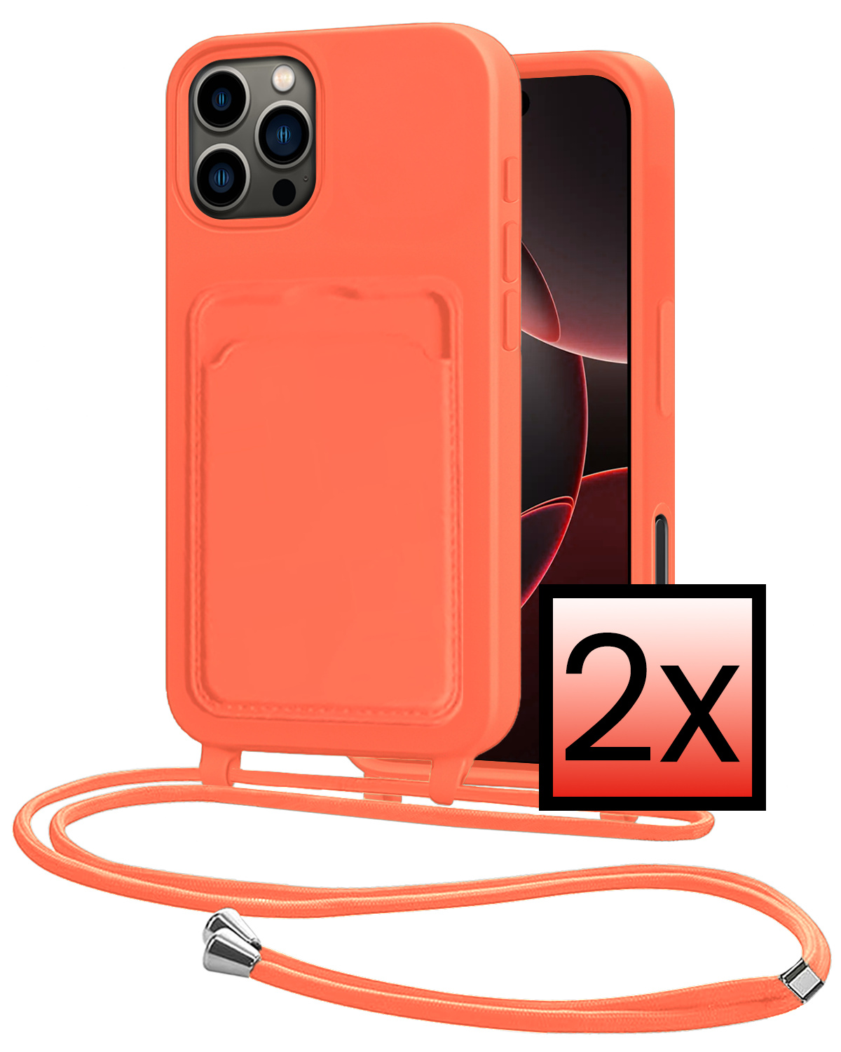 NoXx NoXx iPhone 16 Pro Hoesje Pashouder met Koord - Papaya - 2 PACK