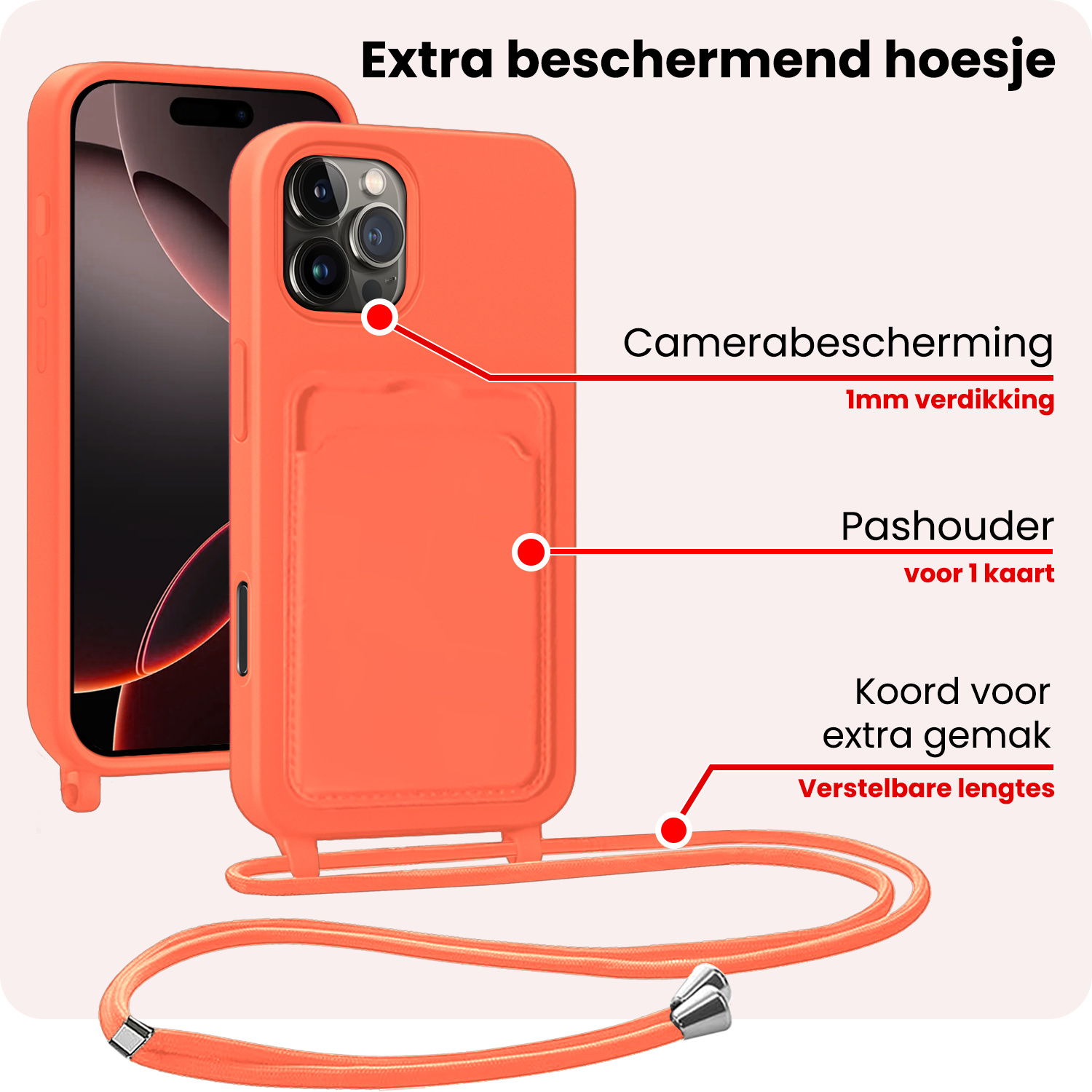 NoXx NoXx iPhone 16 Pro Hoesje Pashouder met Koord - Papaya - 2 PACK