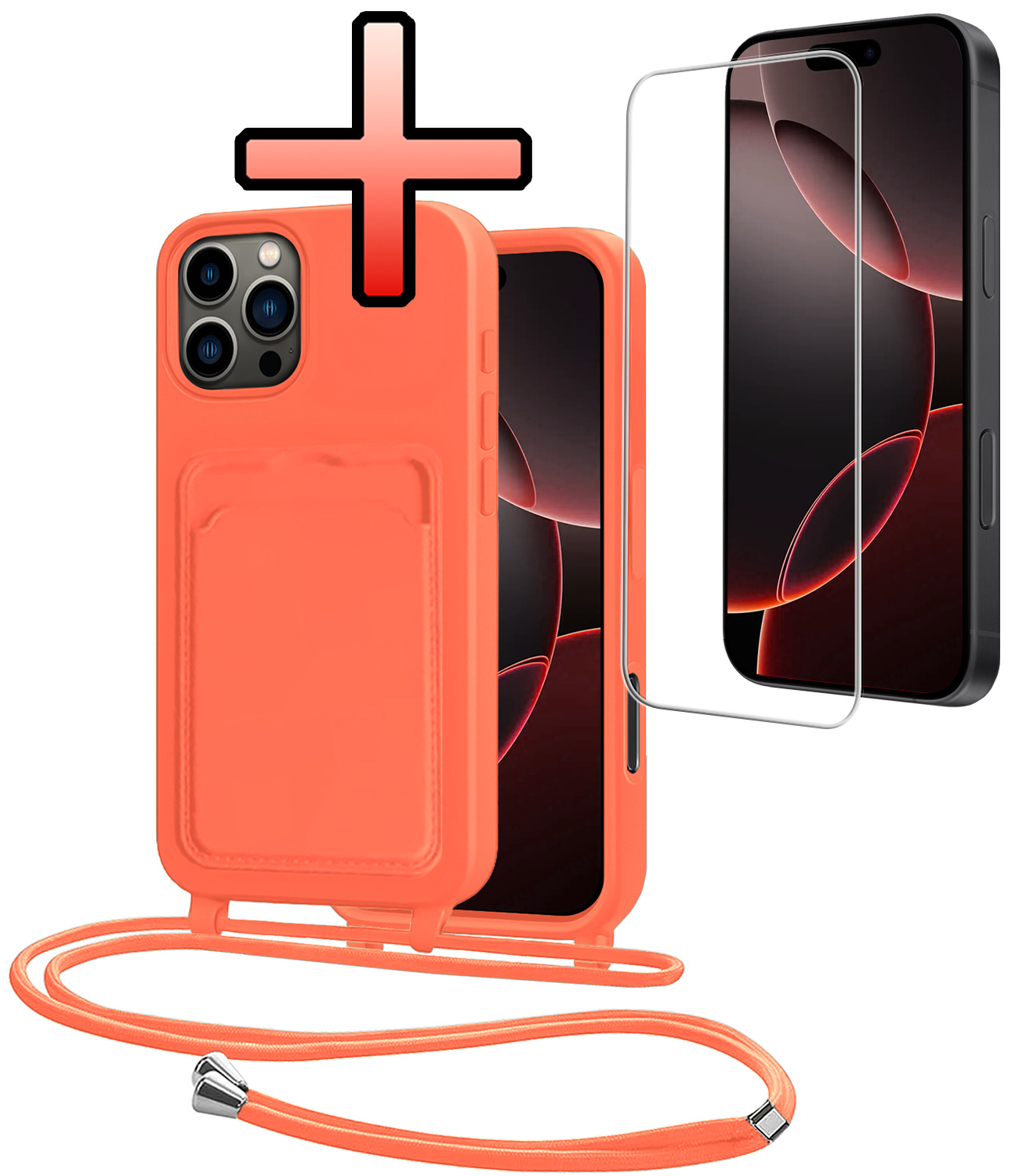 NoXx NoXx iPhone 16 Pro Hoesje Pashouder met Koord Met Screenprotector - Papaya