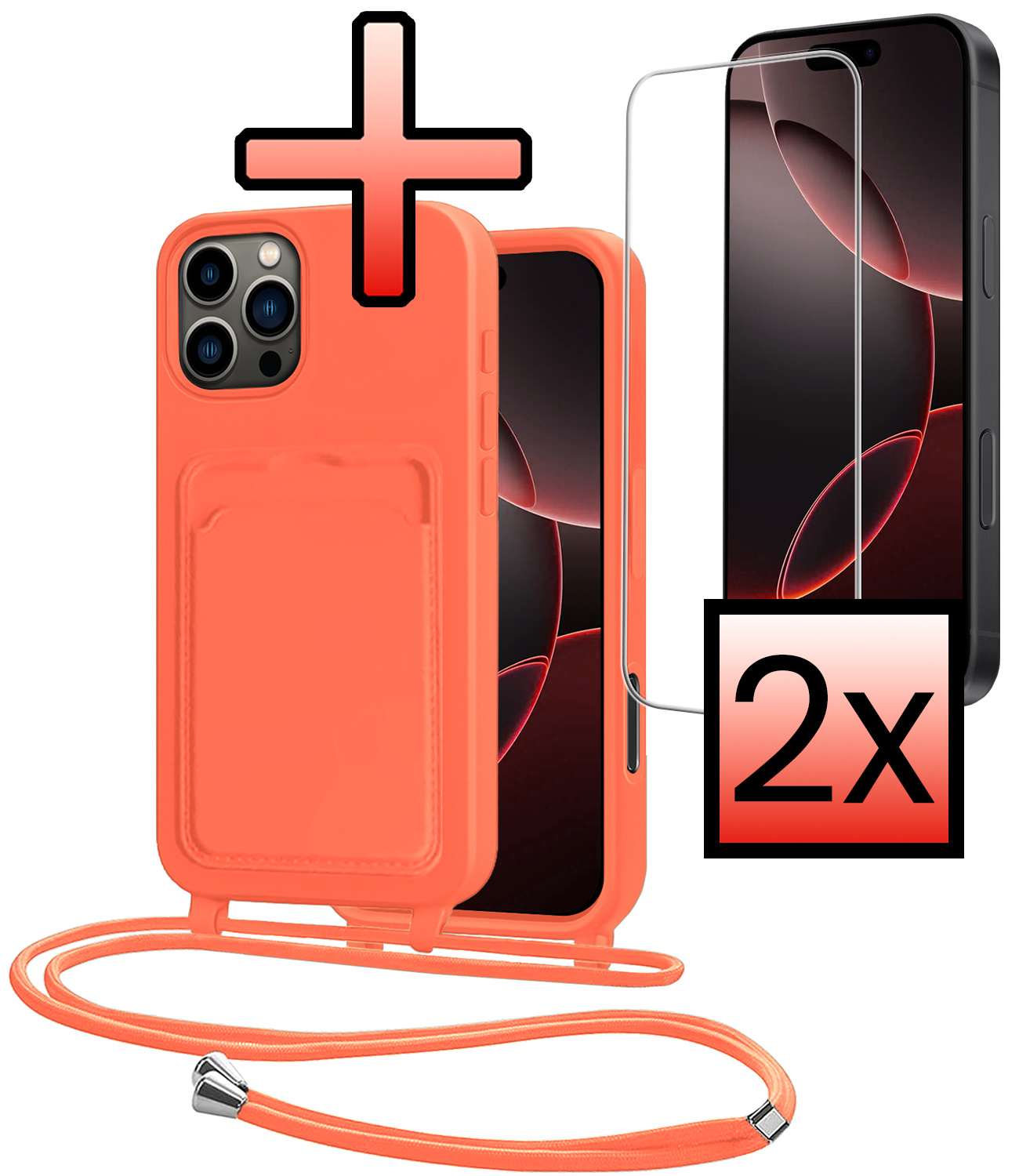 NoXx NoXx iPhone 16 Pro Hoesje Pashouder met Koord Met 2x Screenprotector - Papaya