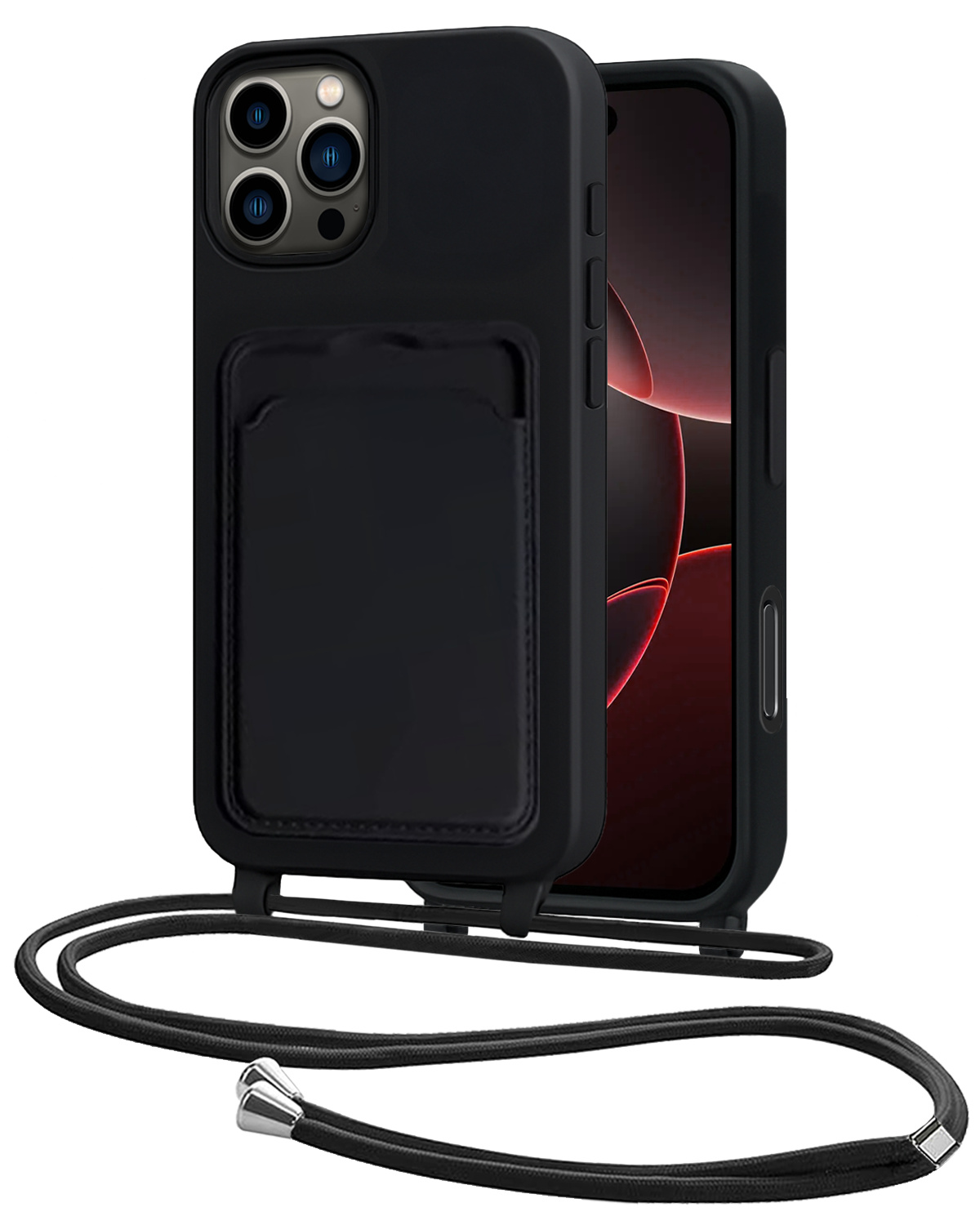 NoXx NoXx iPhone 16 Pro Hoesje Pashouder met Koord - Zwart