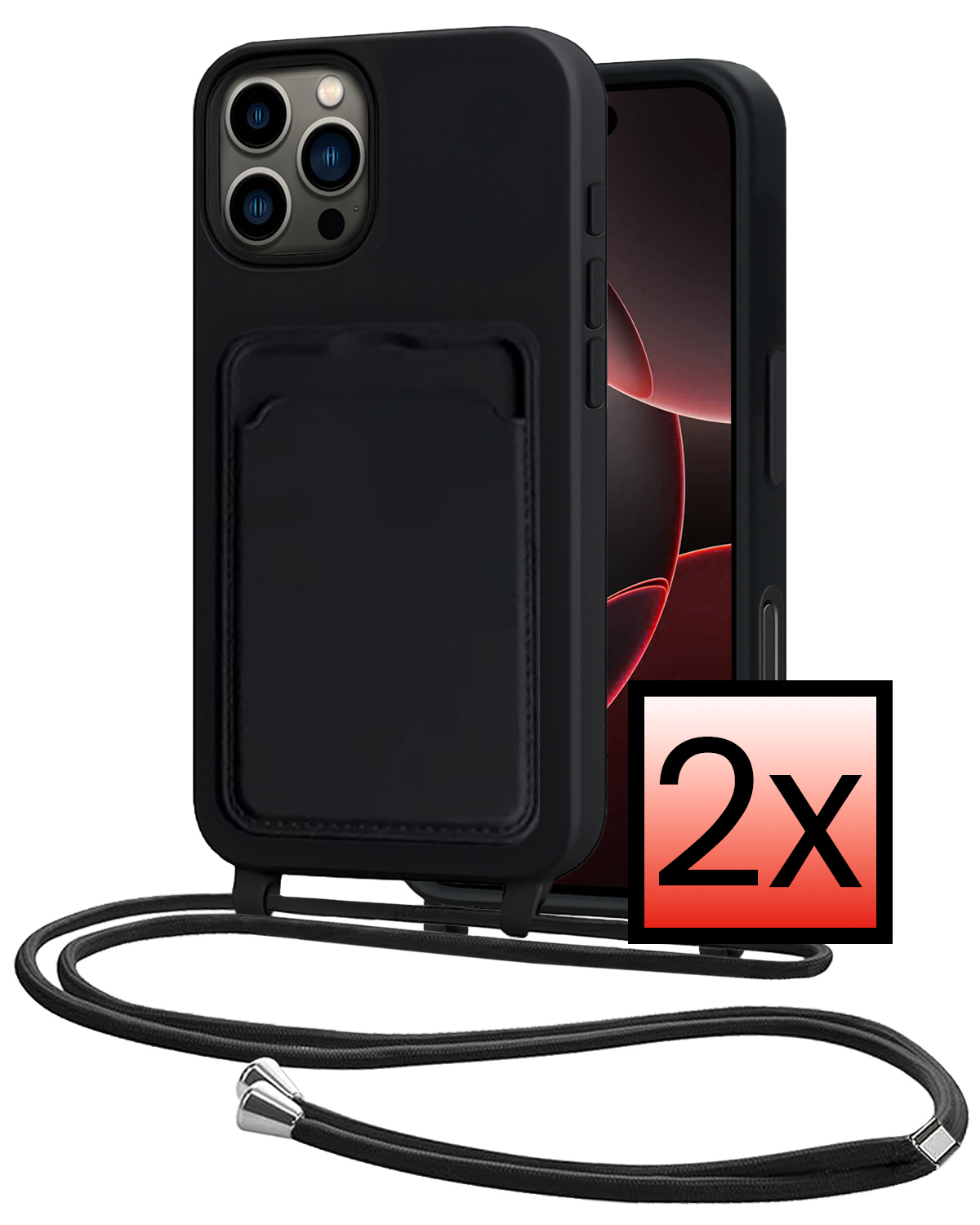 NoXx NoXx iPhone 16 Pro Hoesje Pashouder met Koord - Zwart - 2 PACK