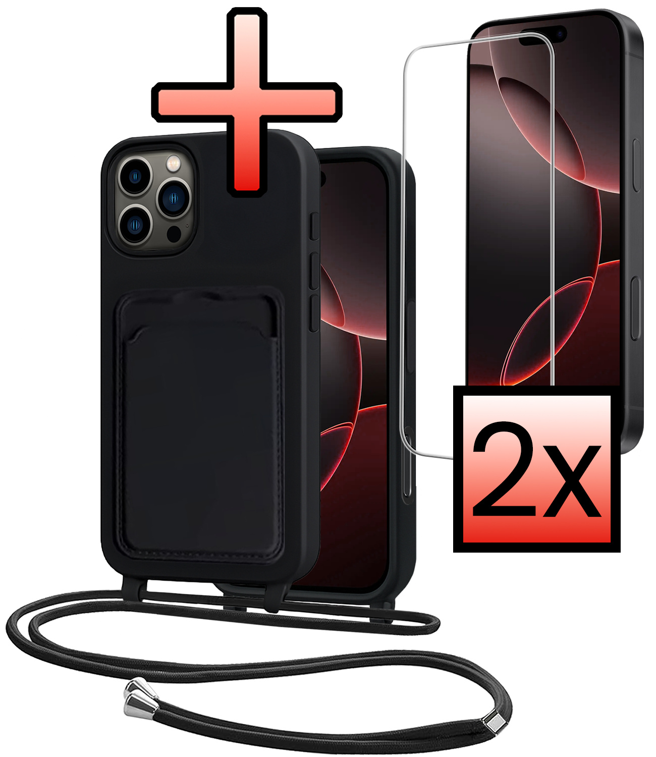 NoXx NoXx iPhone 16 Pro Hoesje Pashouder met Koord Met 2x Screenprotector - Zwart