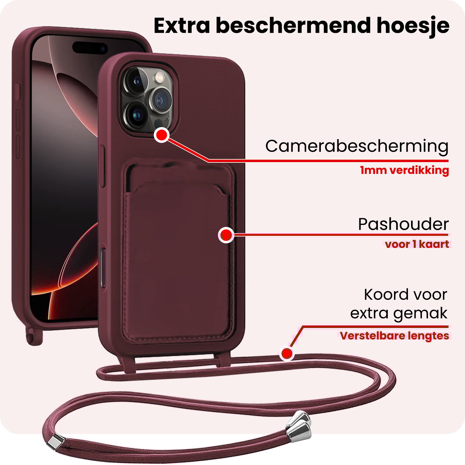 NoXx NoXx iPhone 16 Pro Max Hoesje Pashouder met Koord - Aubergine
