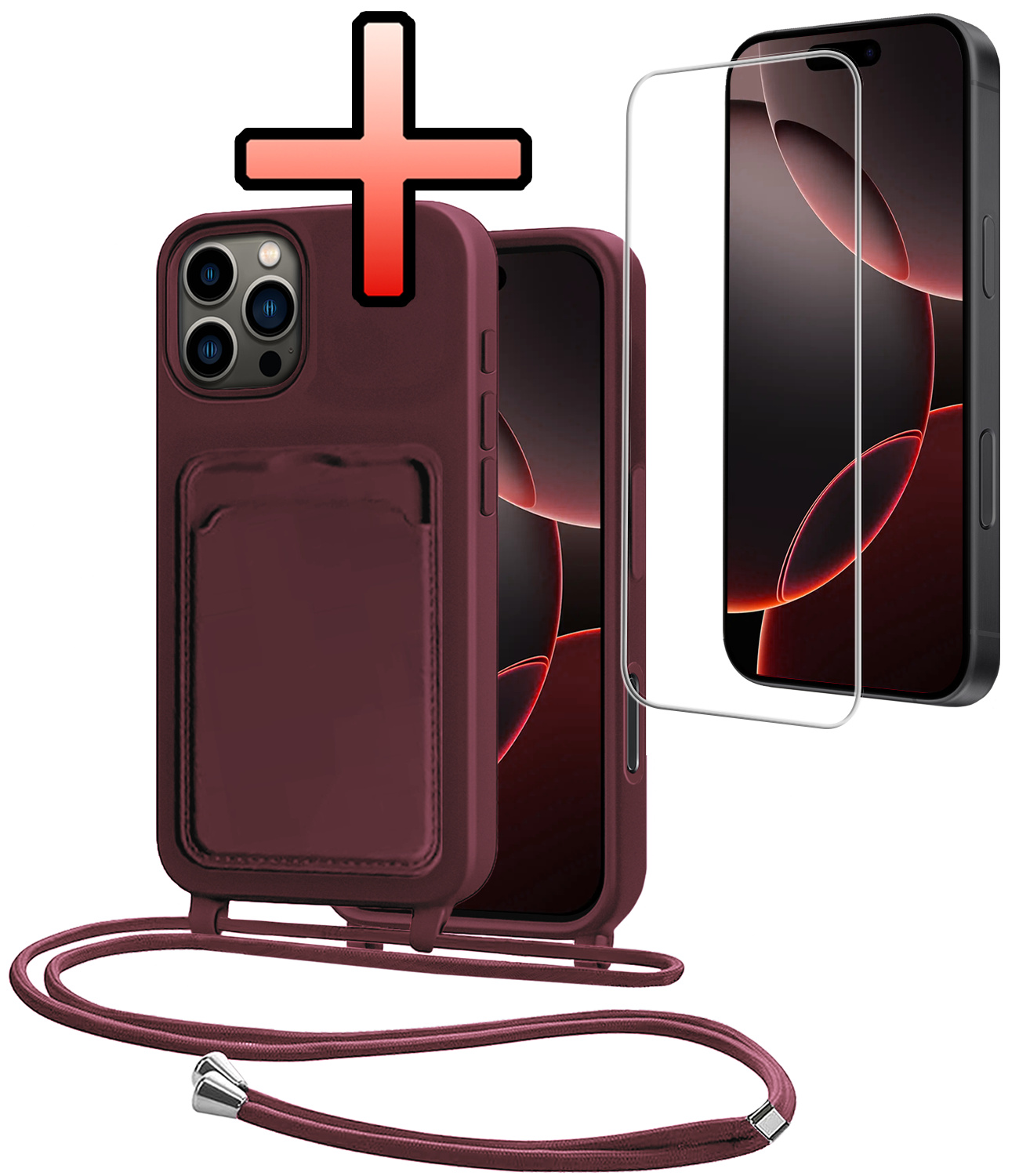 NoXx NoXx iPhone 16 Pro Max Hoesje Pashouder met Koord Met Screenprotector - Aubergine