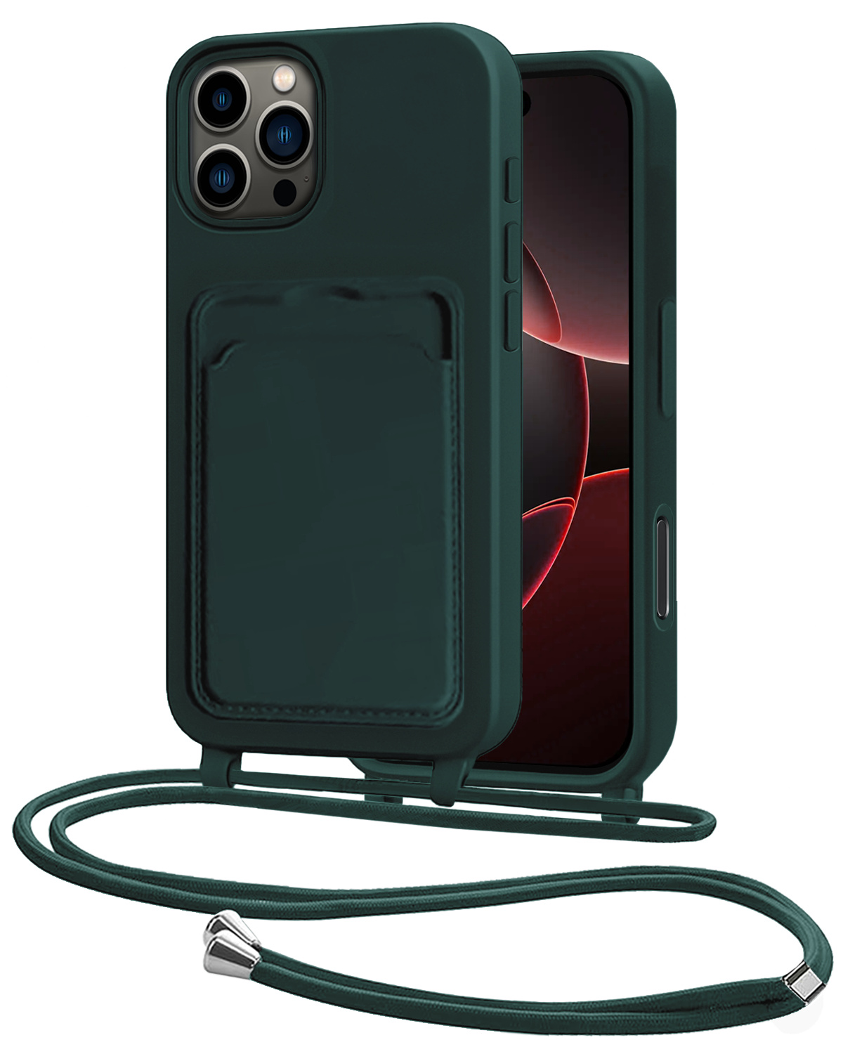 NoXx NoXx iPhone 16 Pro Max Hoesje Pashouder met Koord - Donkergroen