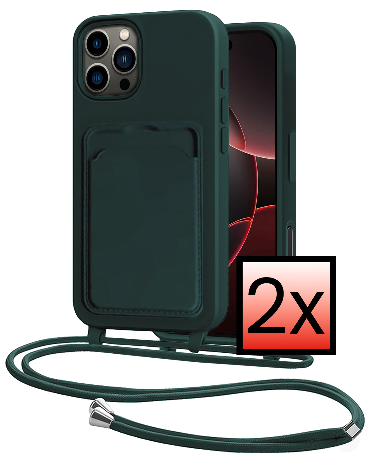 NoXx NoXx iPhone 16 Pro Max Hoesje Pashouder met Koord - Donkergroen - 2 PACK