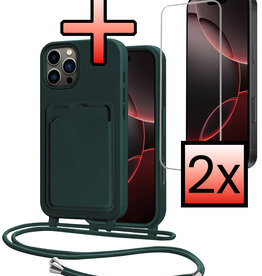 NoXx NoXx iPhone 16 Pro Max Hoesje Pashouder met Koord Met 2x Screenprotector - Donkergroen