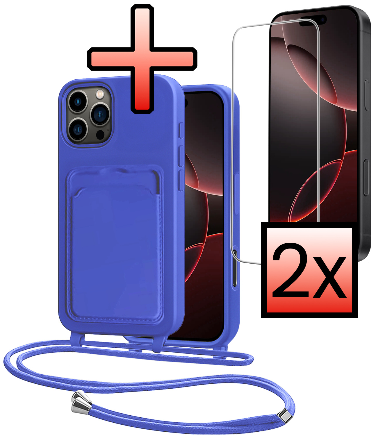 NoXx NoXx iPhone 16 Pro Max Hoesje Pashouder met Koord Met 2x Screenprotector - Fel Blauw