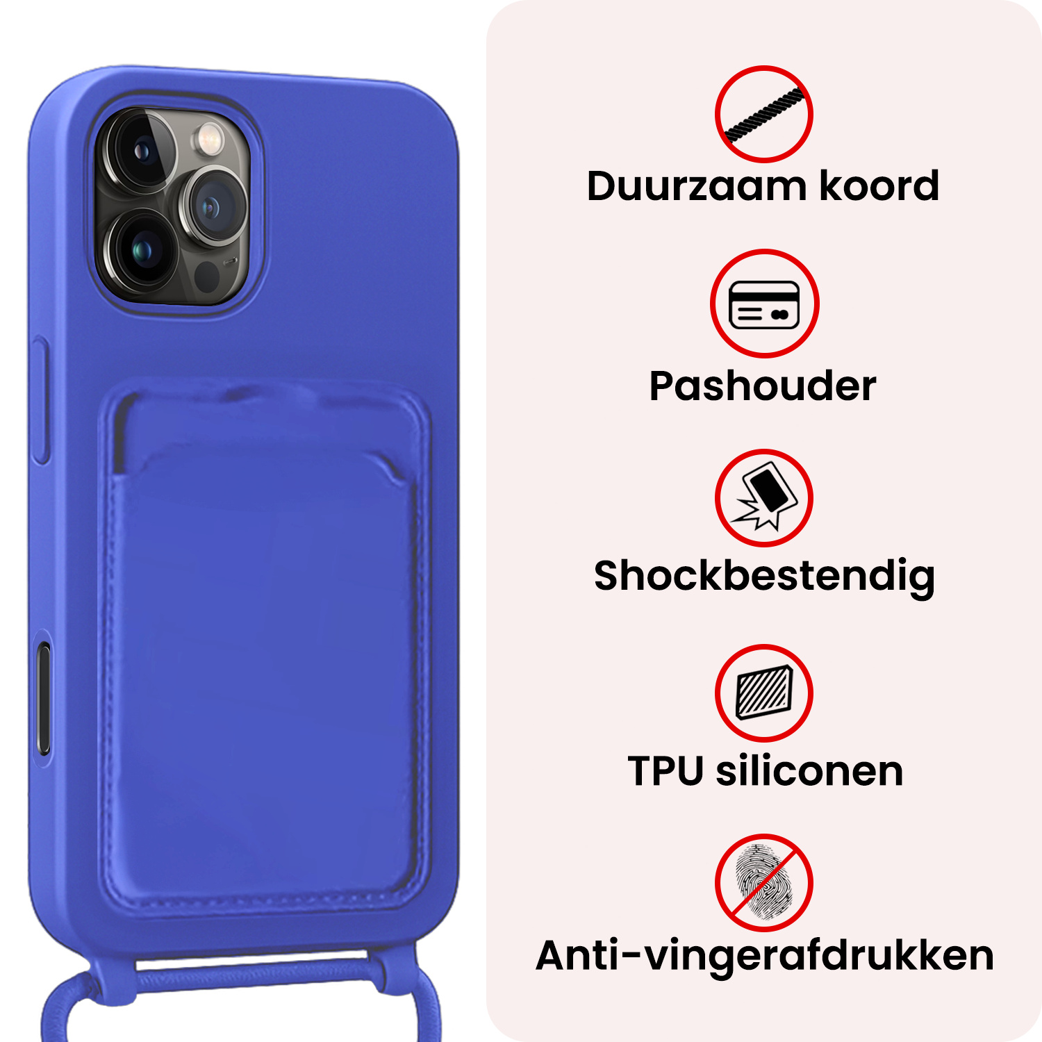 NoXx NoXx iPhone 16 Pro Max Hoesje Pashouder met Koord Met 2x Screenprotector - Fel Blauw