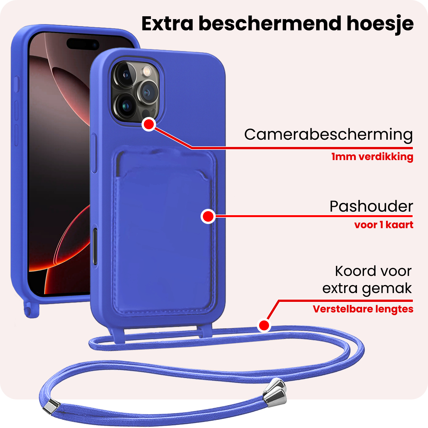 NoXx NoXx iPhone 16 Pro Max Hoesje Pashouder met Koord Met 2x Screenprotector - Fel Blauw