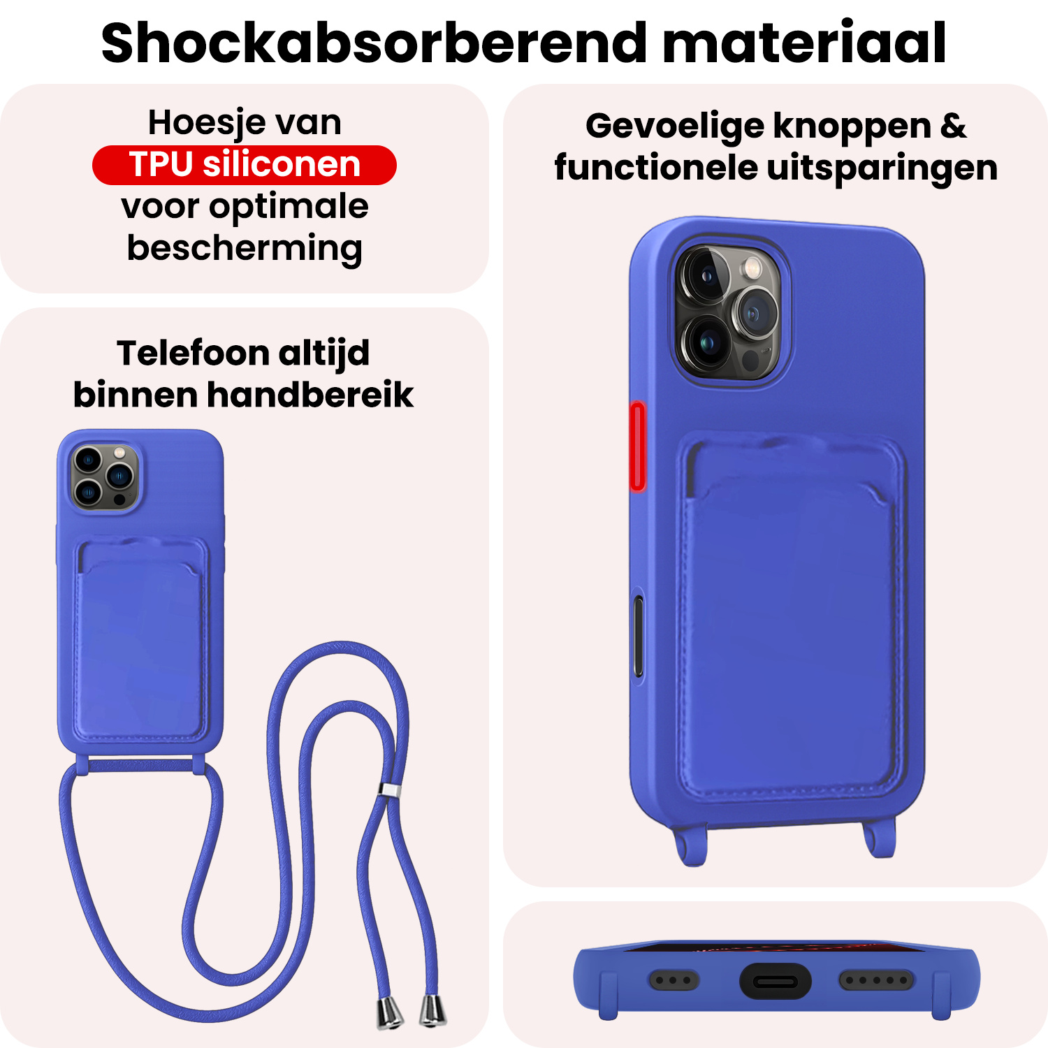 NoXx NoXx iPhone 16 Pro Max Hoesje Pashouder met Koord Met 2x Screenprotector - Fel Blauw