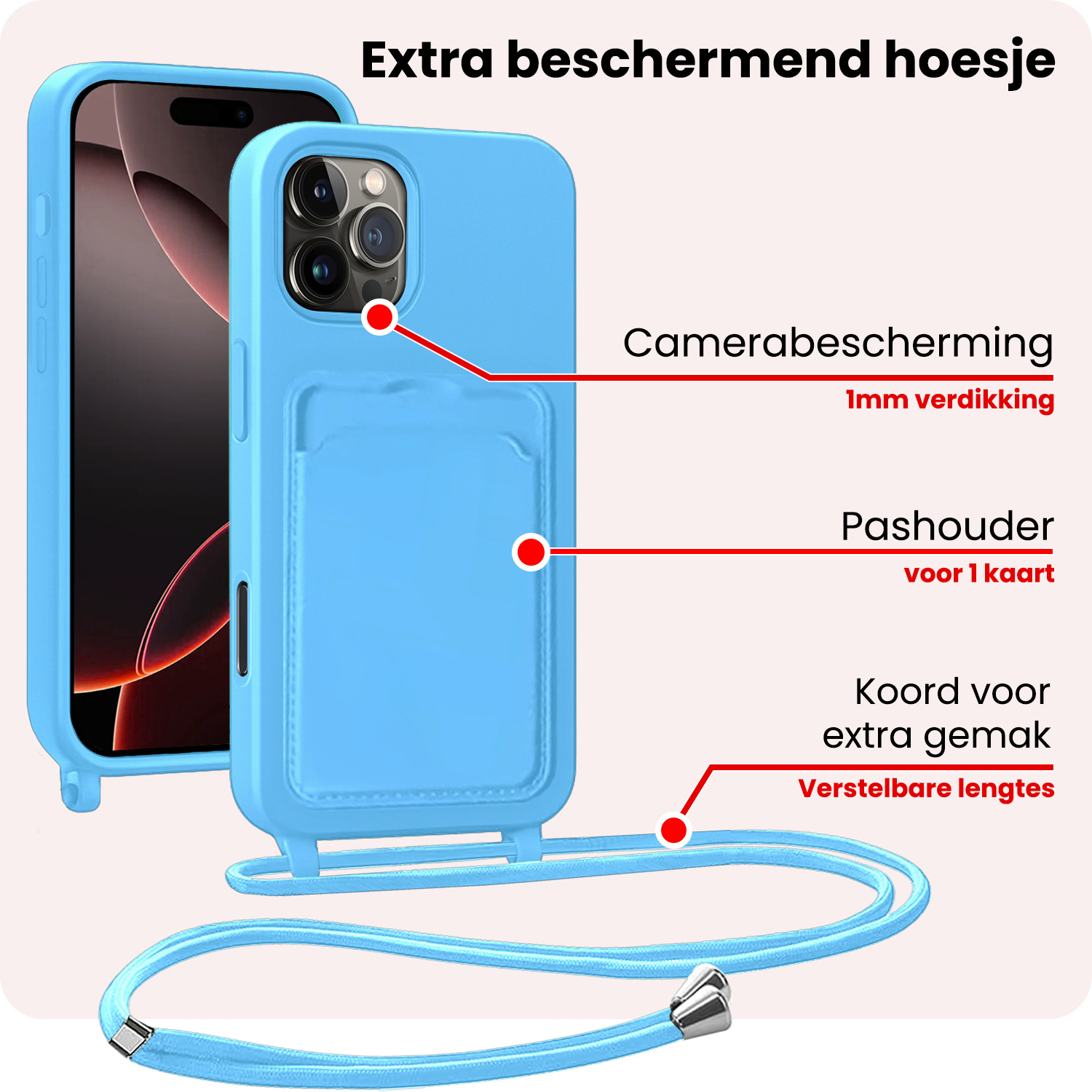 NoXx NoXx iPhone 16 Pro Max Hoesje Pashouder met Koord Met Screenprotector - Lichtblauw