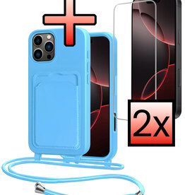 NoXx NoXx iPhone 16 Pro Max Hoesje Pashouder met Koord Met 2x Screenprotector - Lichtblauw