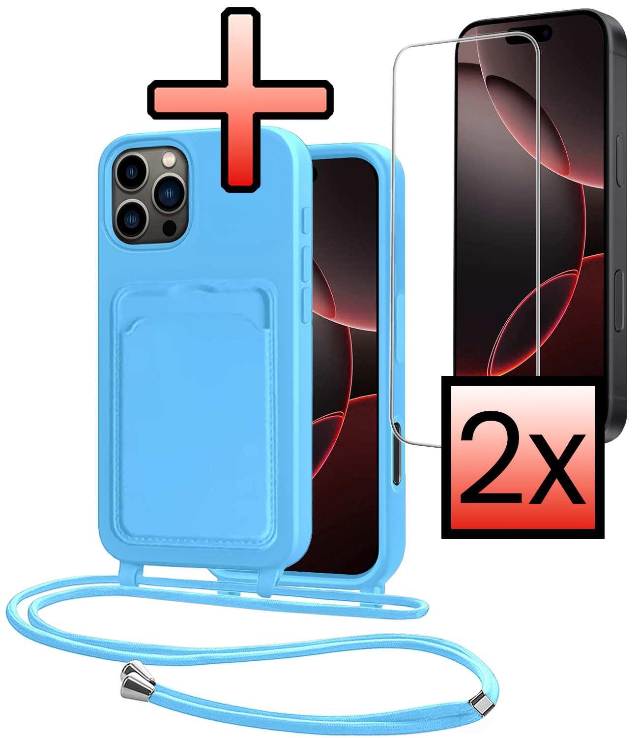 NoXx NoXx iPhone 16 Pro Max Hoesje Pashouder met Koord Met 2x Screenprotector - Lichtblauw