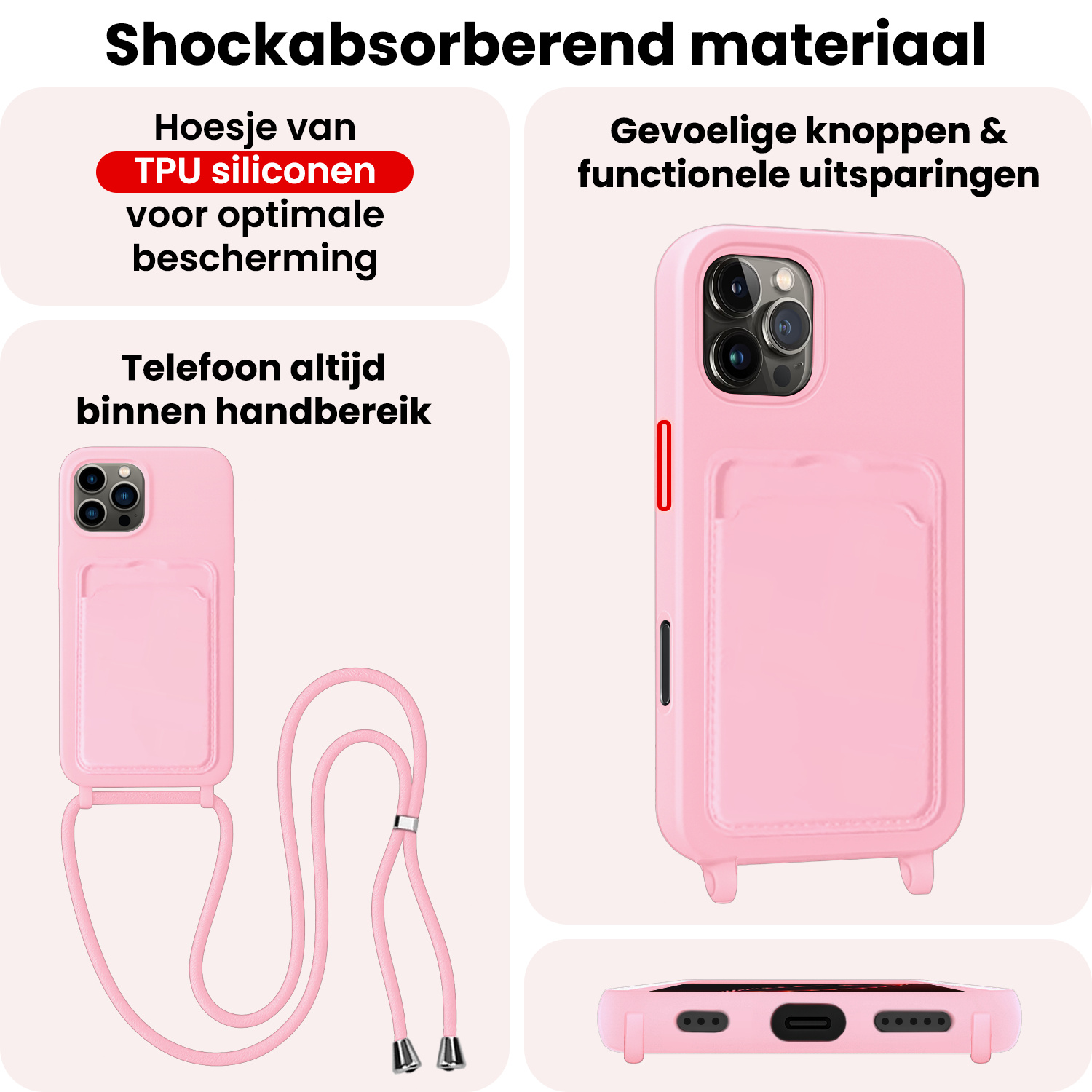 NoXx NoXx iPhone 16 Pro Max Hoesje Pashouder met Koord Met Screenprotector - Lichtroze